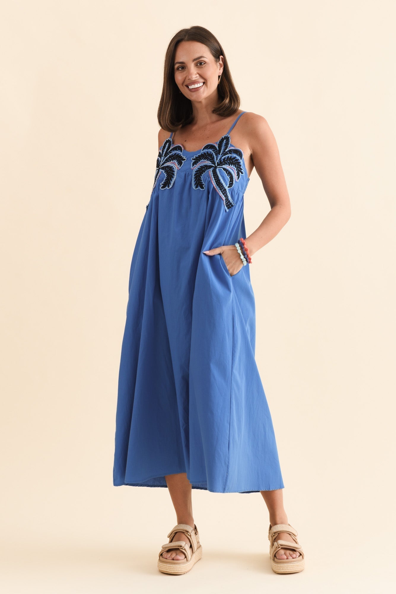 Essen Cobalt Cotton Poplin Embroidered Dress