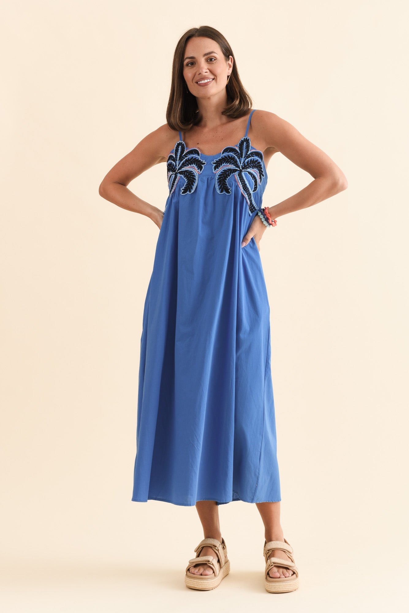 Essen Cobalt Cotton Poplin Embroidered Dress