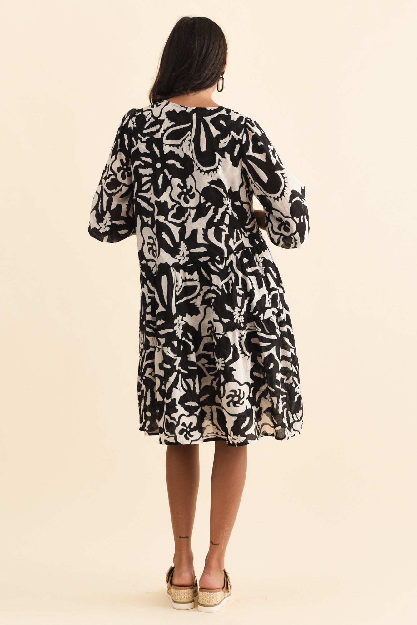 Esta Black Tropical Sleeved Dress