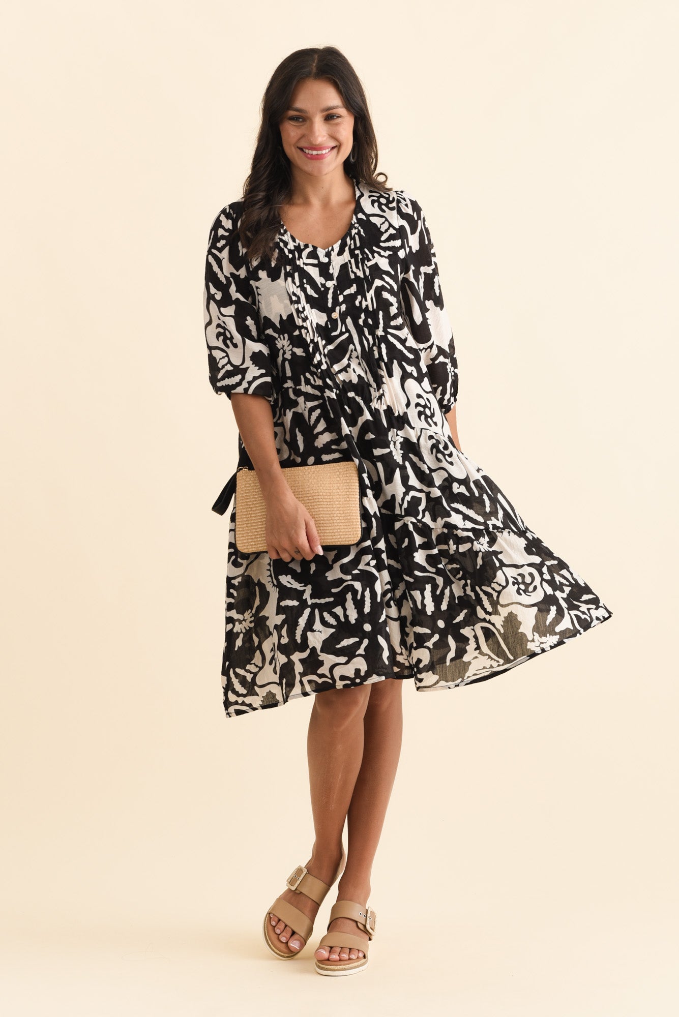 Esta Black Tropical Sleeved Dress
