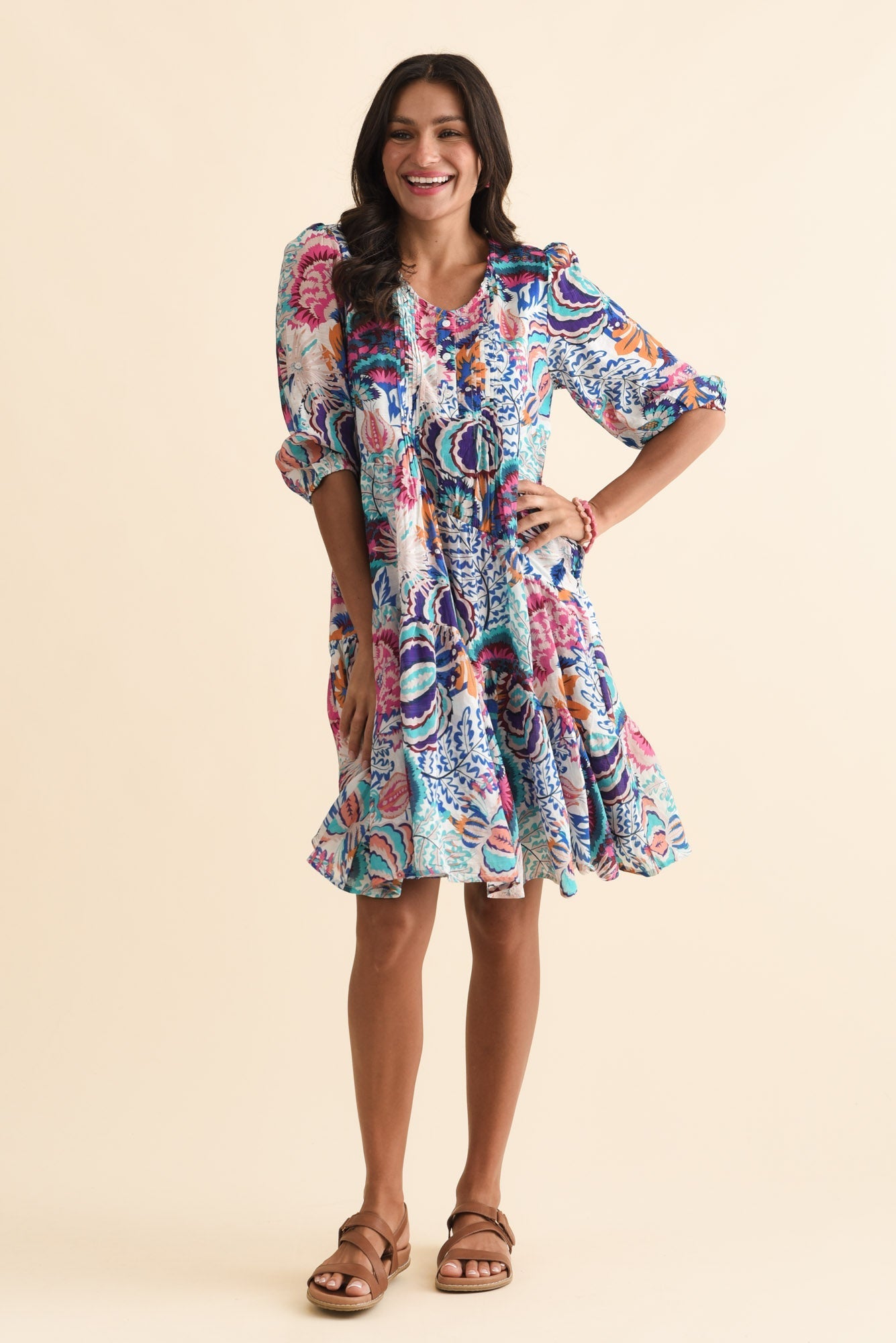 Esta Blue Garden Sleeved Dress
