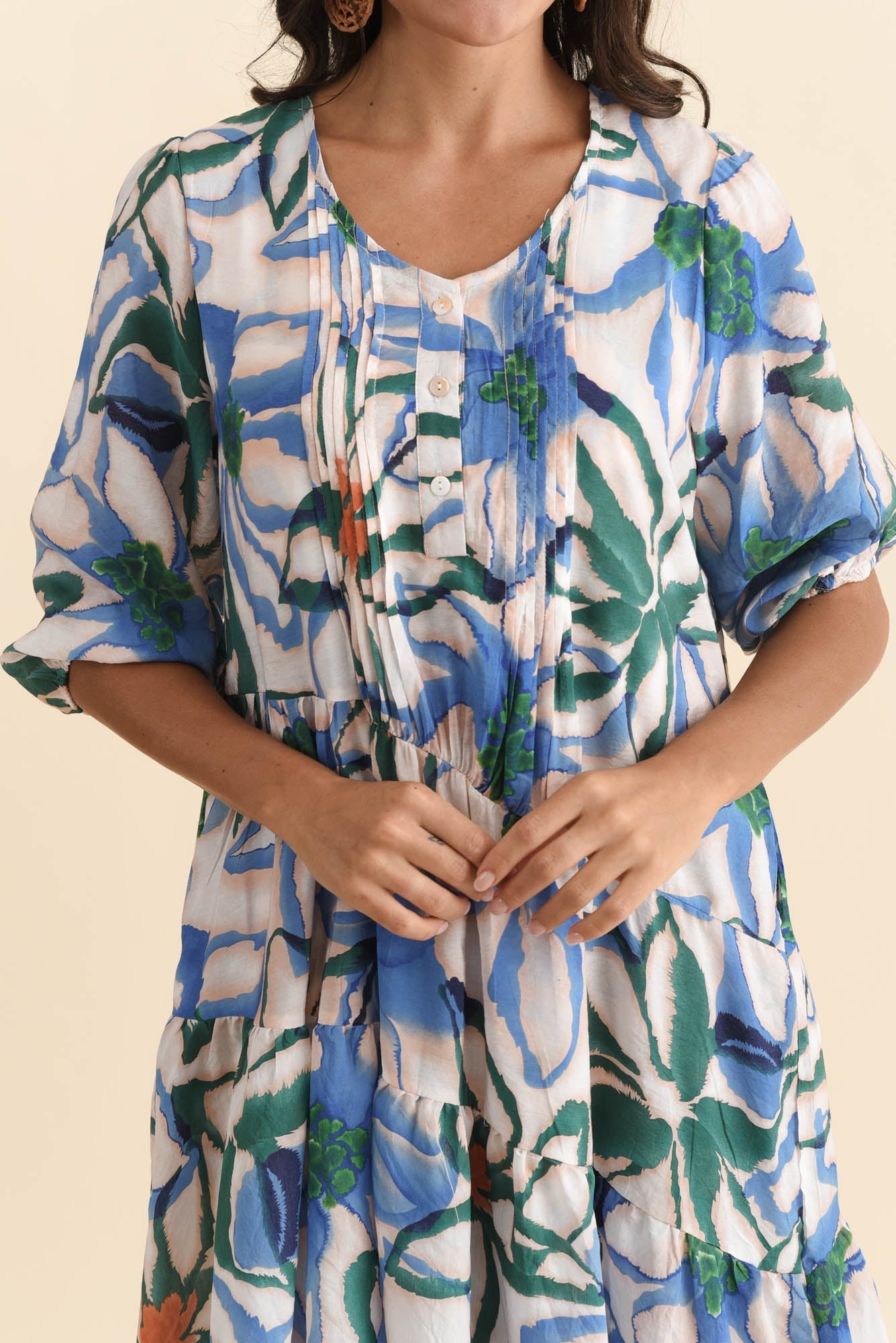 Esta Green Flower Sleeved Dress