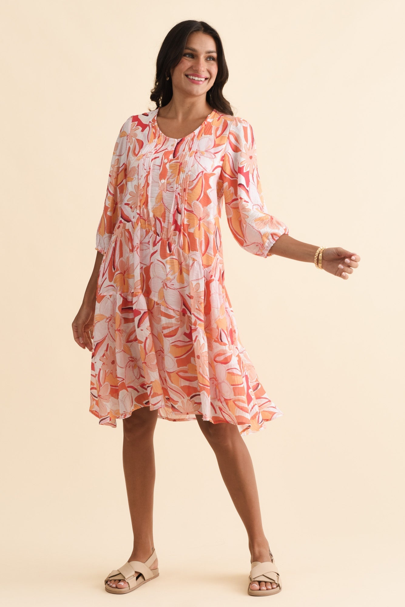 Esta Orange Flower Sleeved Dress
