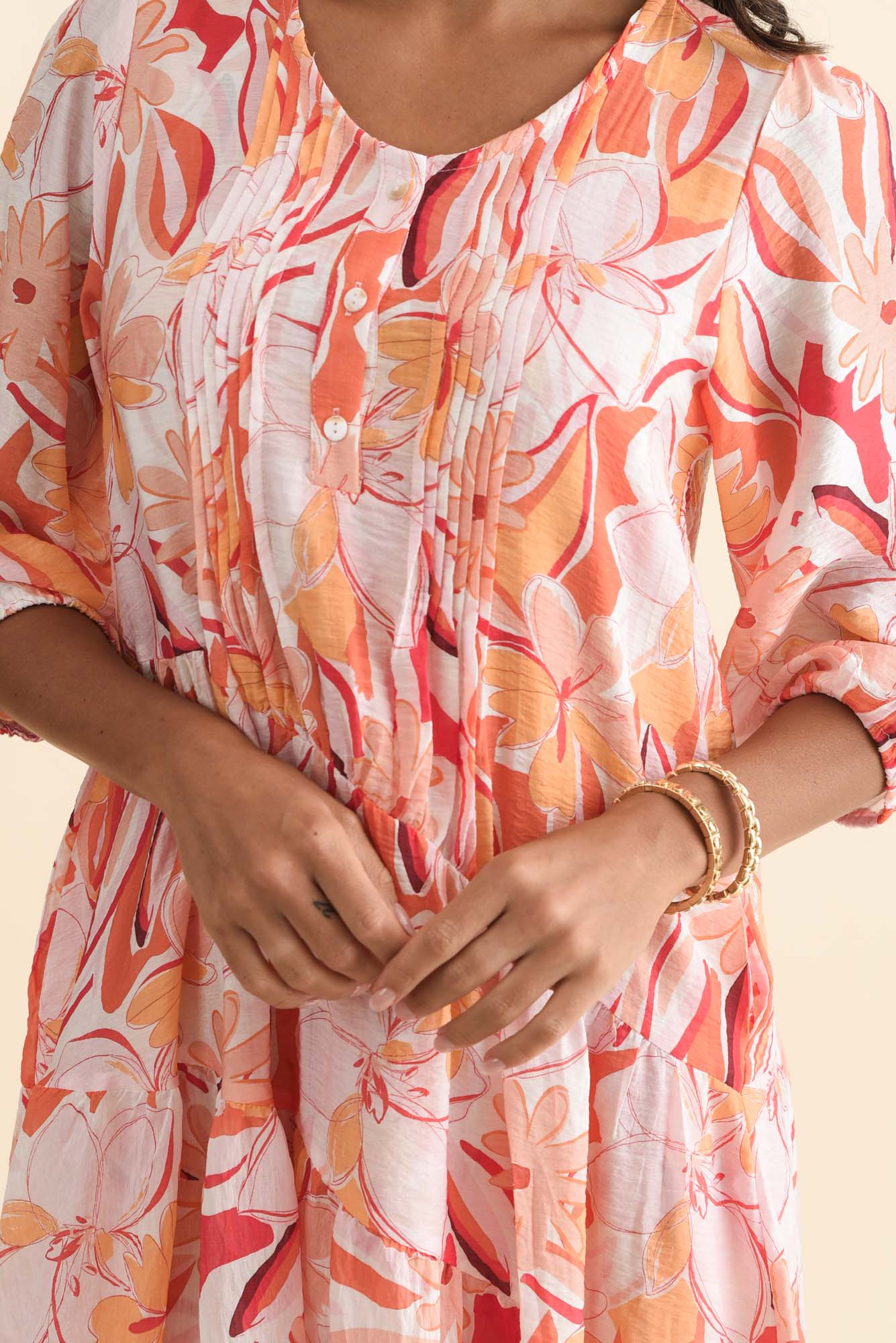 Esta Orange Flower Sleeved Dress