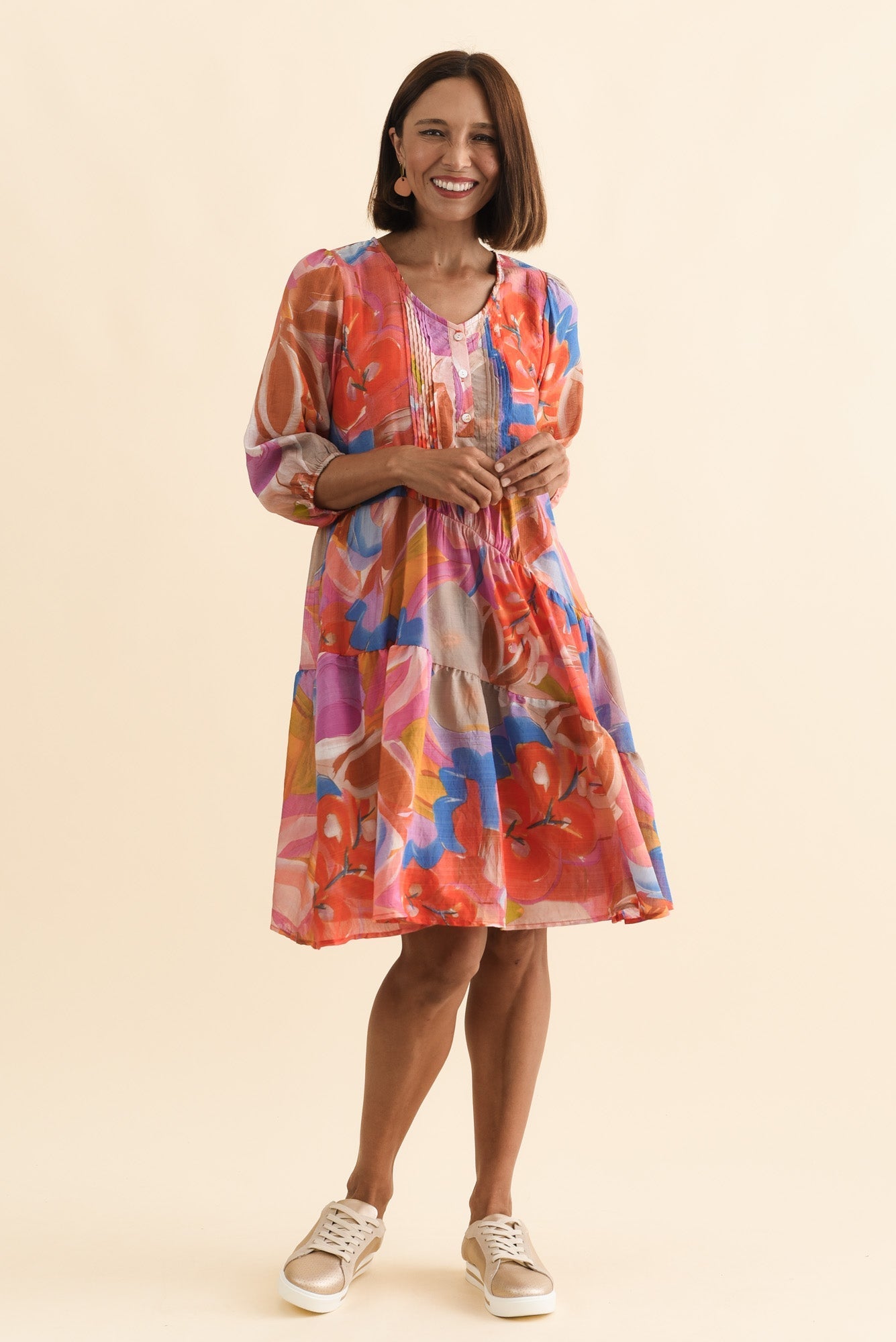 Esta Rust Abstract Sleeved Dress