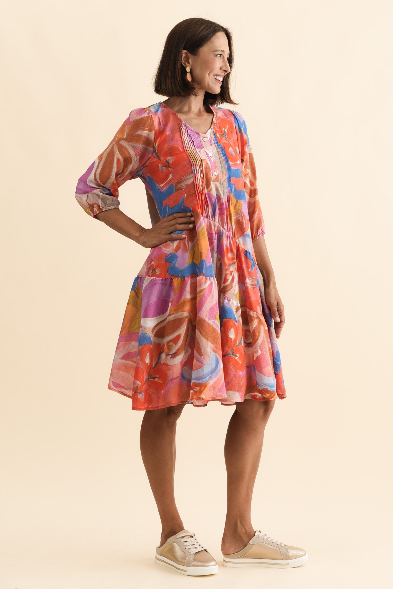 Esta Rust Abstract Sleeved Dress