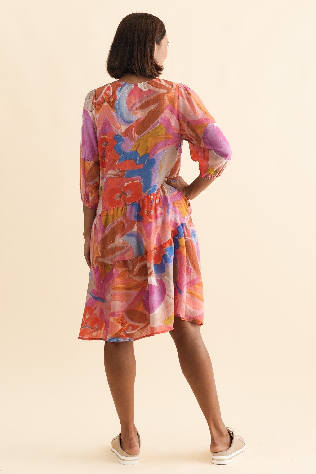 Esta Rust Abstract Sleeved Dress