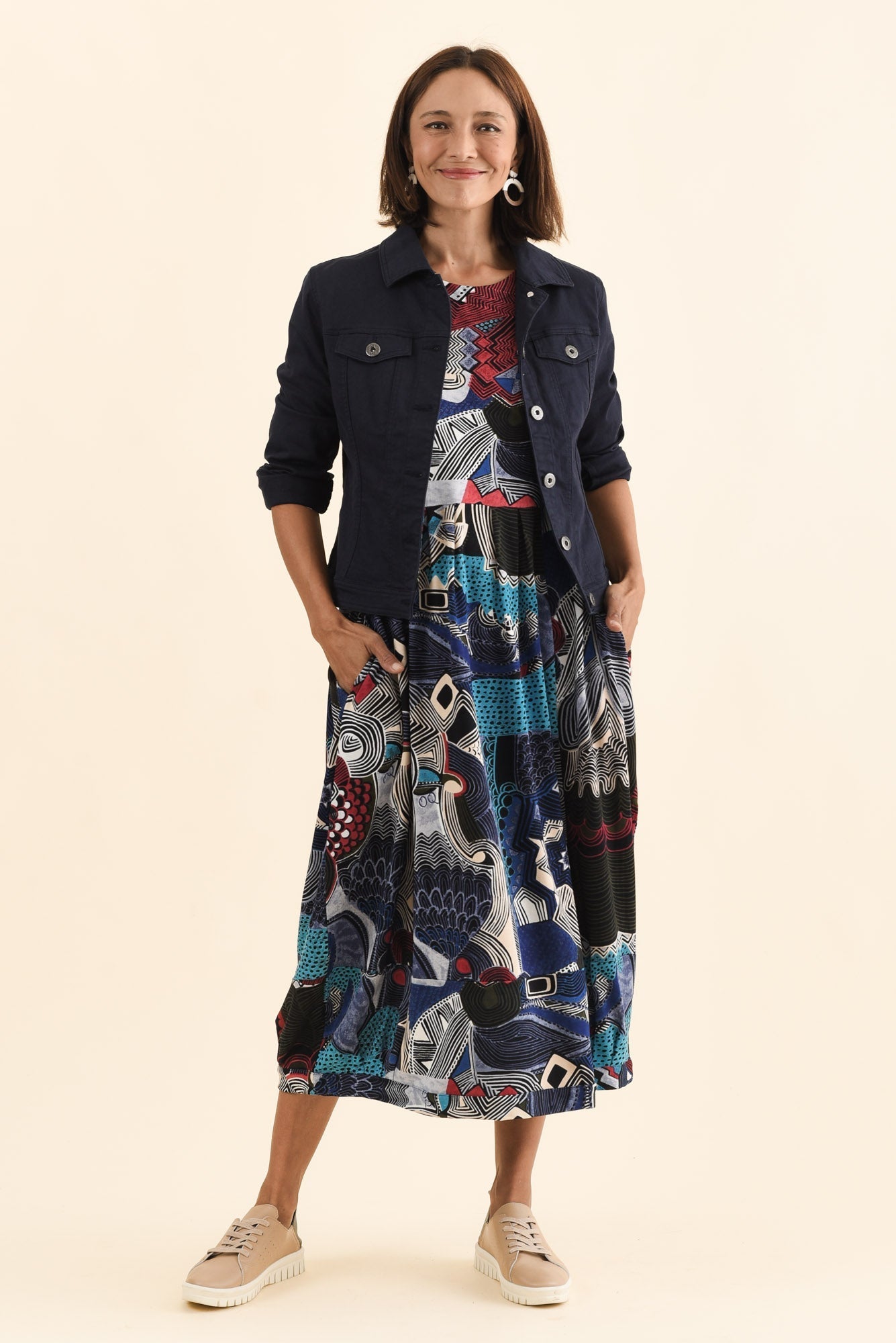 Estie Blue Abstract Pocket Midi Dress