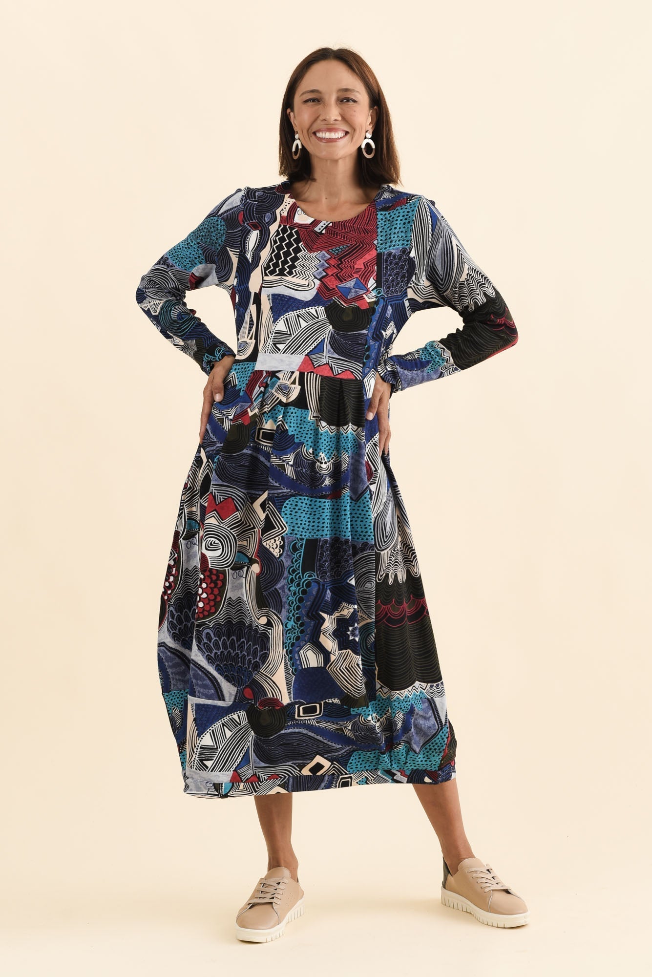 Estie Blue Abstract Pocket Midi Dress