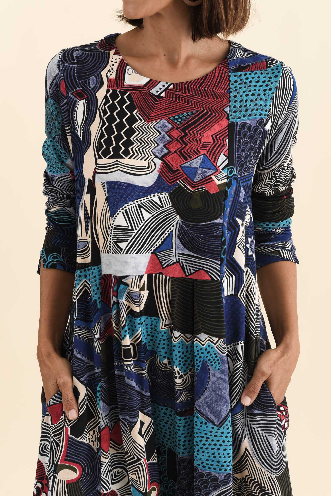 Estie Blue Abstract Pocket Midi Dress