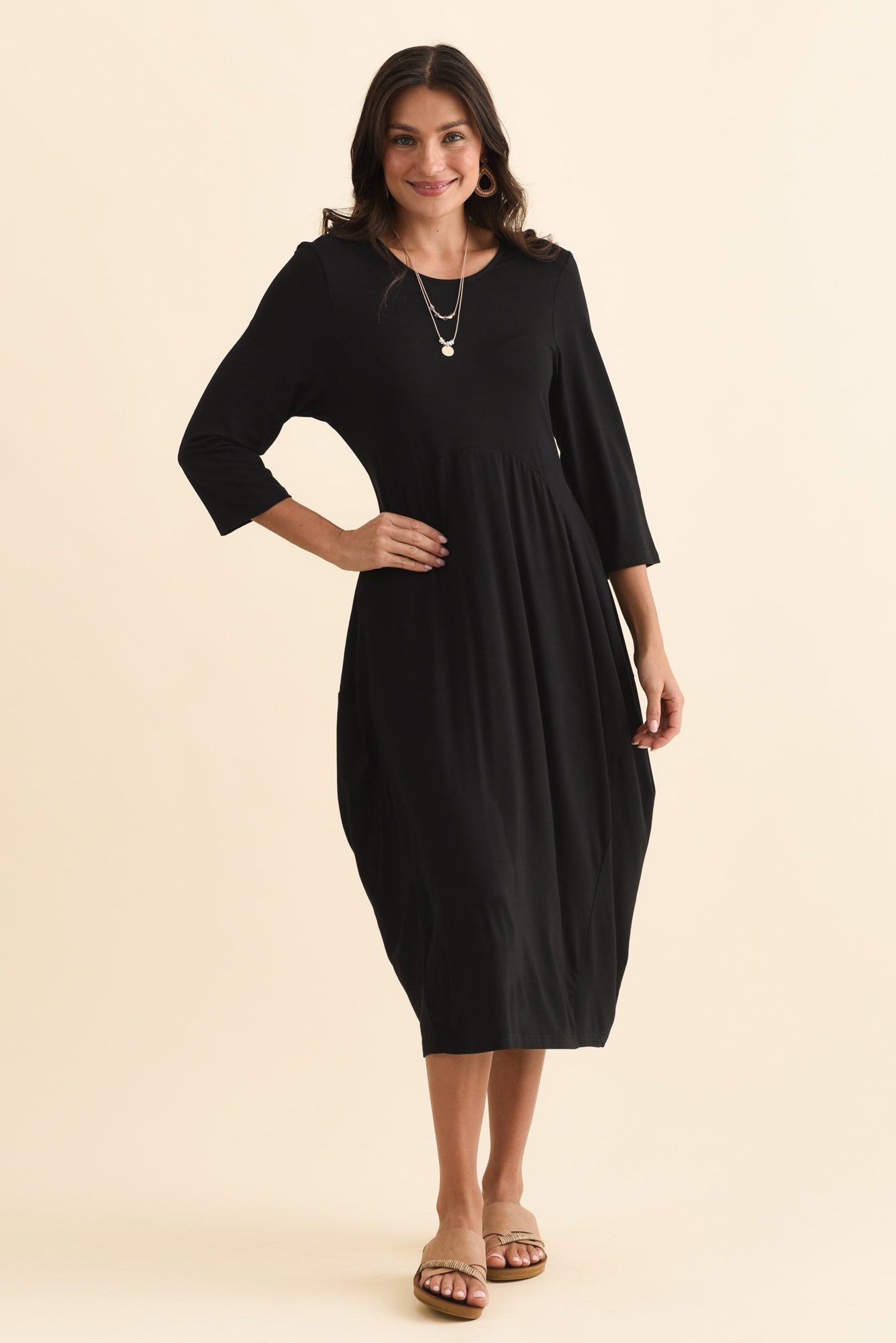 Glenda Black Sleeved Crescent Dress