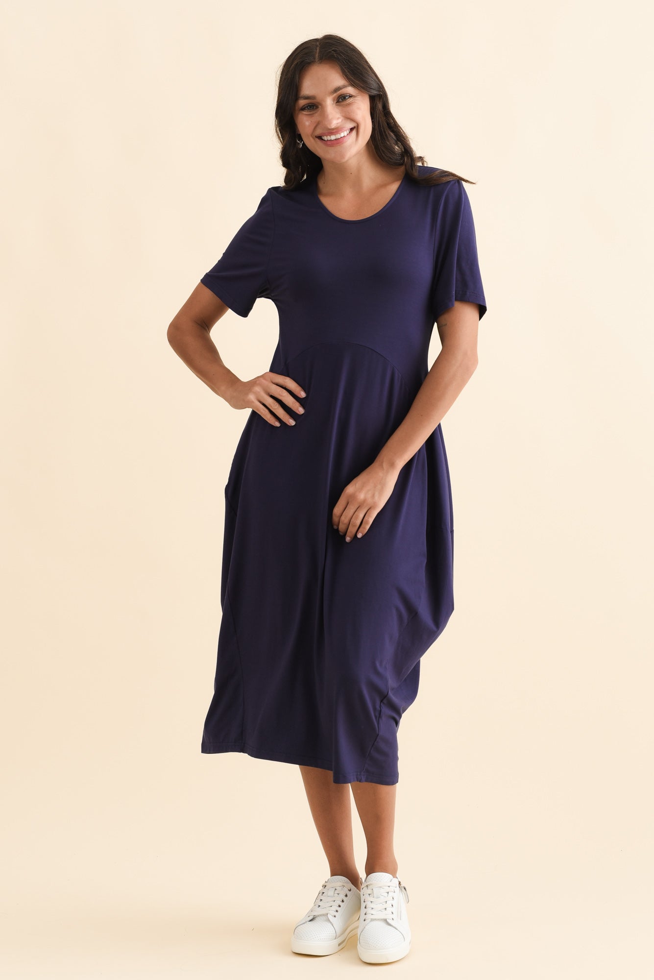 Glenda Navy Short Sleeve Crescent Dress