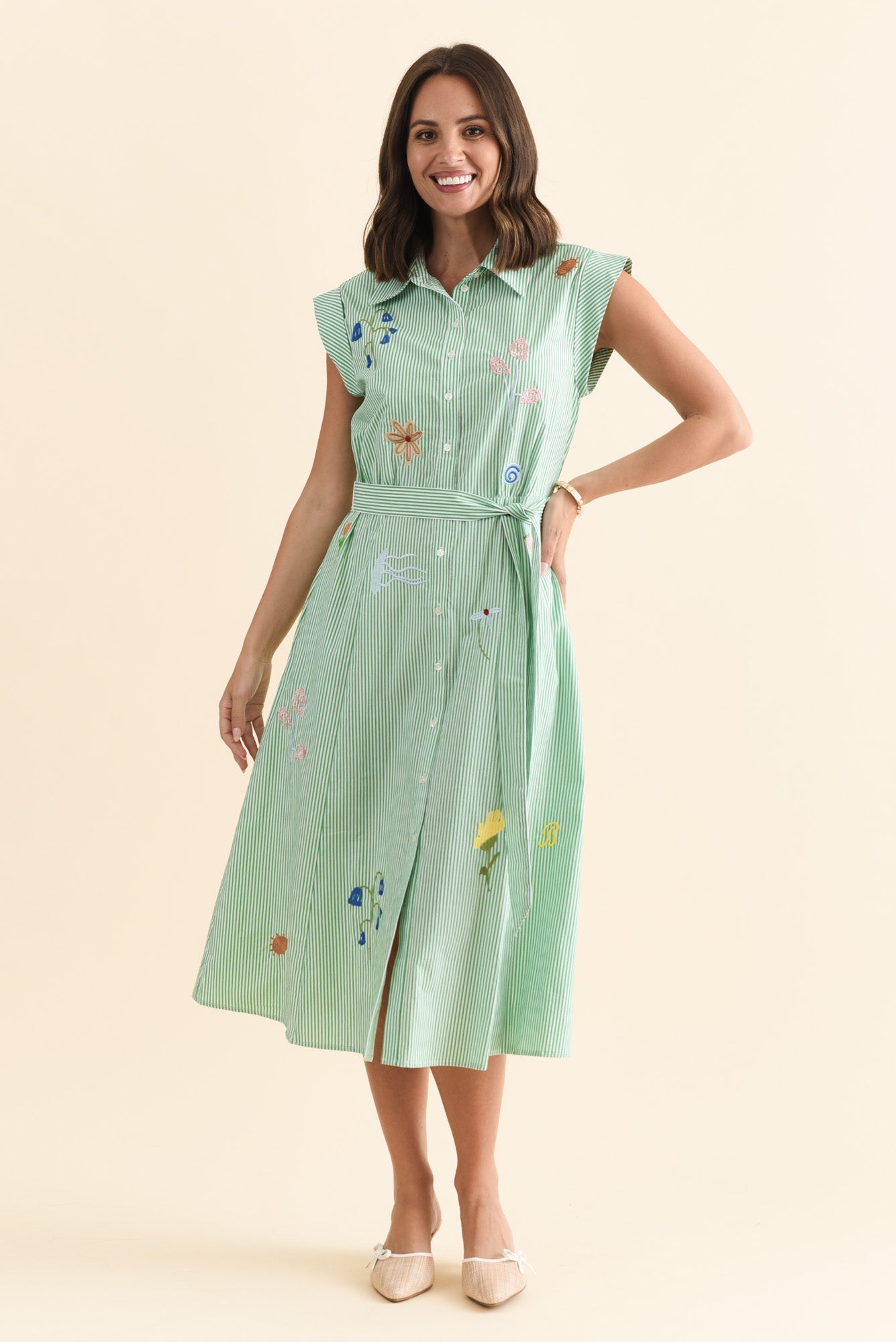 Gloria Green Stripe Cotton Tie Dress