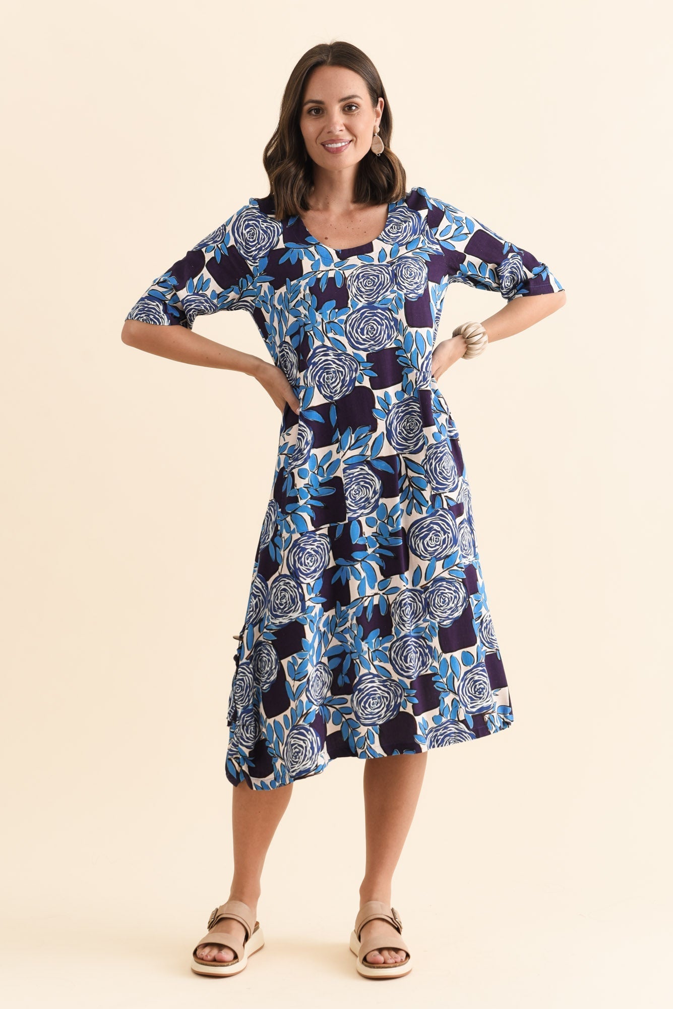 Hailee Navy Flower Linen Cotton Dress