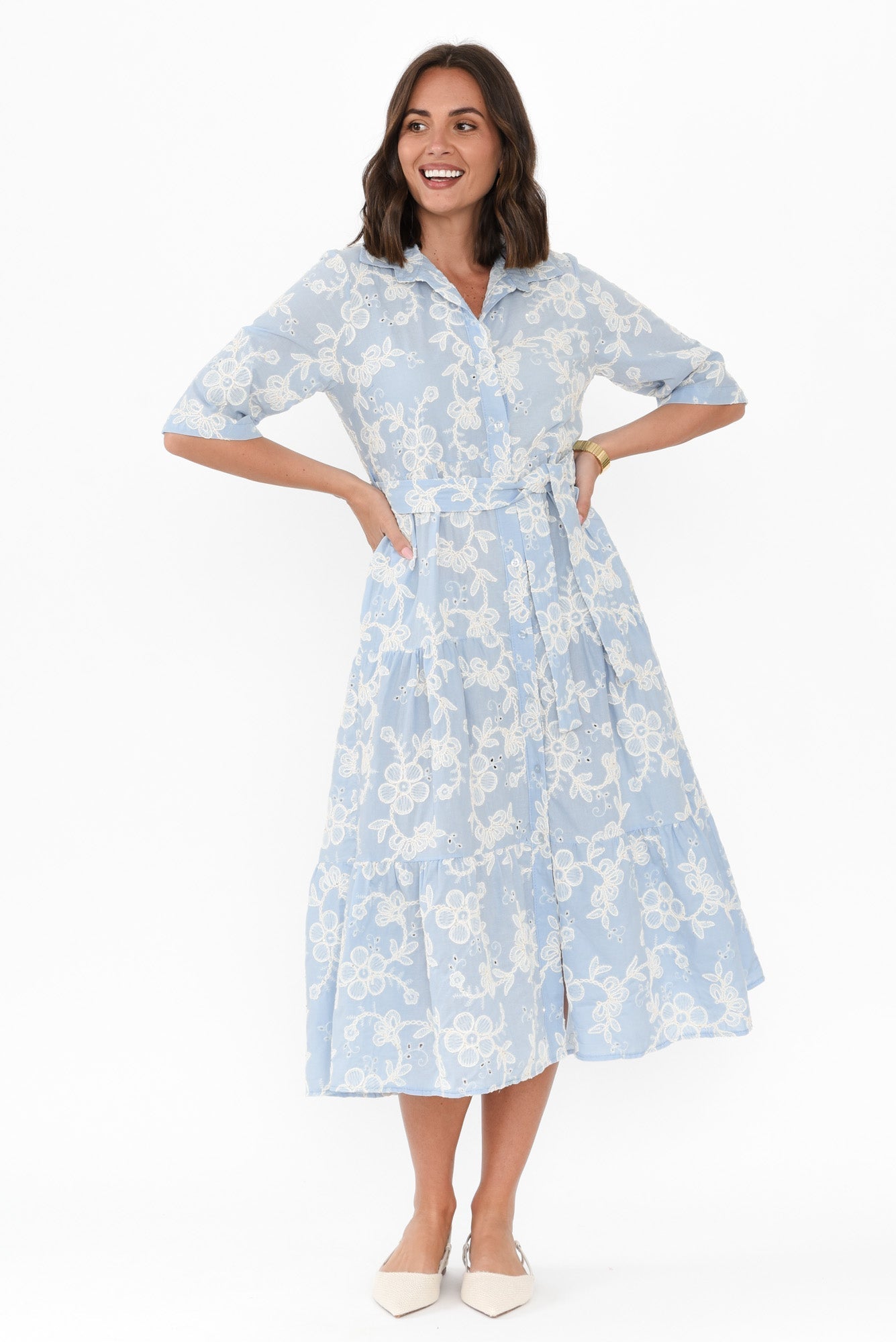 Heidi Blue Floral Embroidered Cotton Dress