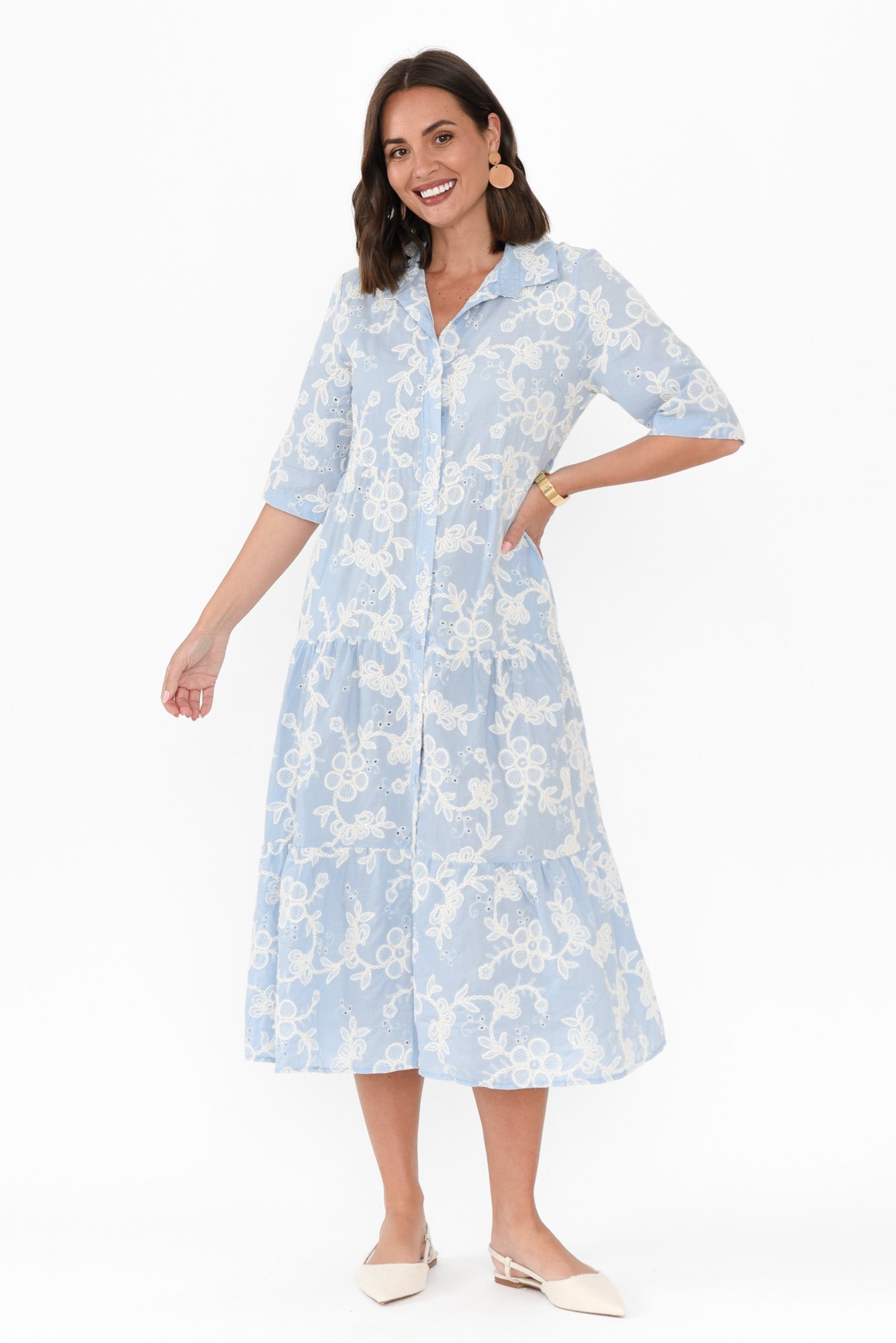 Heidi Blue Floral Embroidered Cotton Dress
