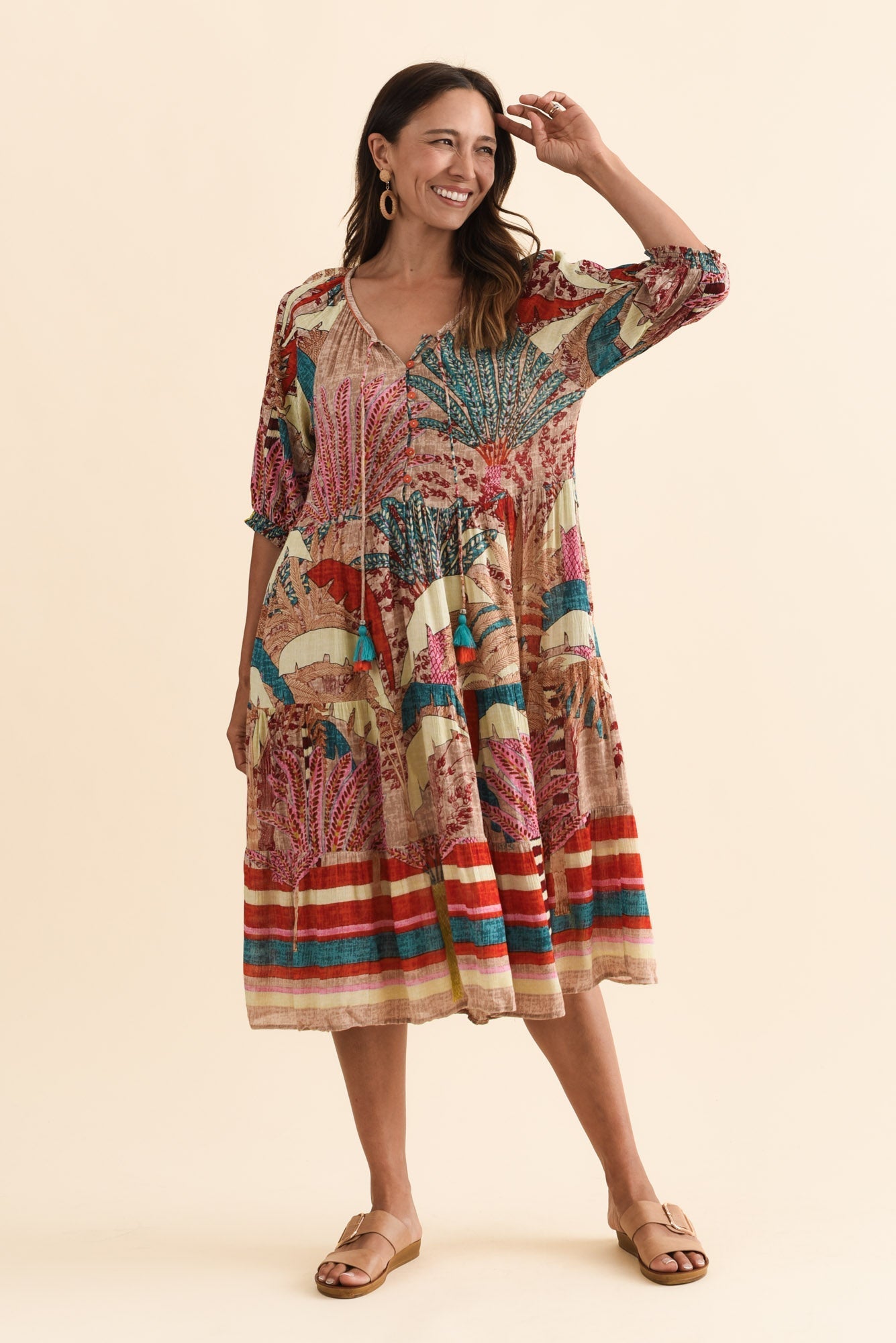 Hilaria Red Tropical Sleeved Dress