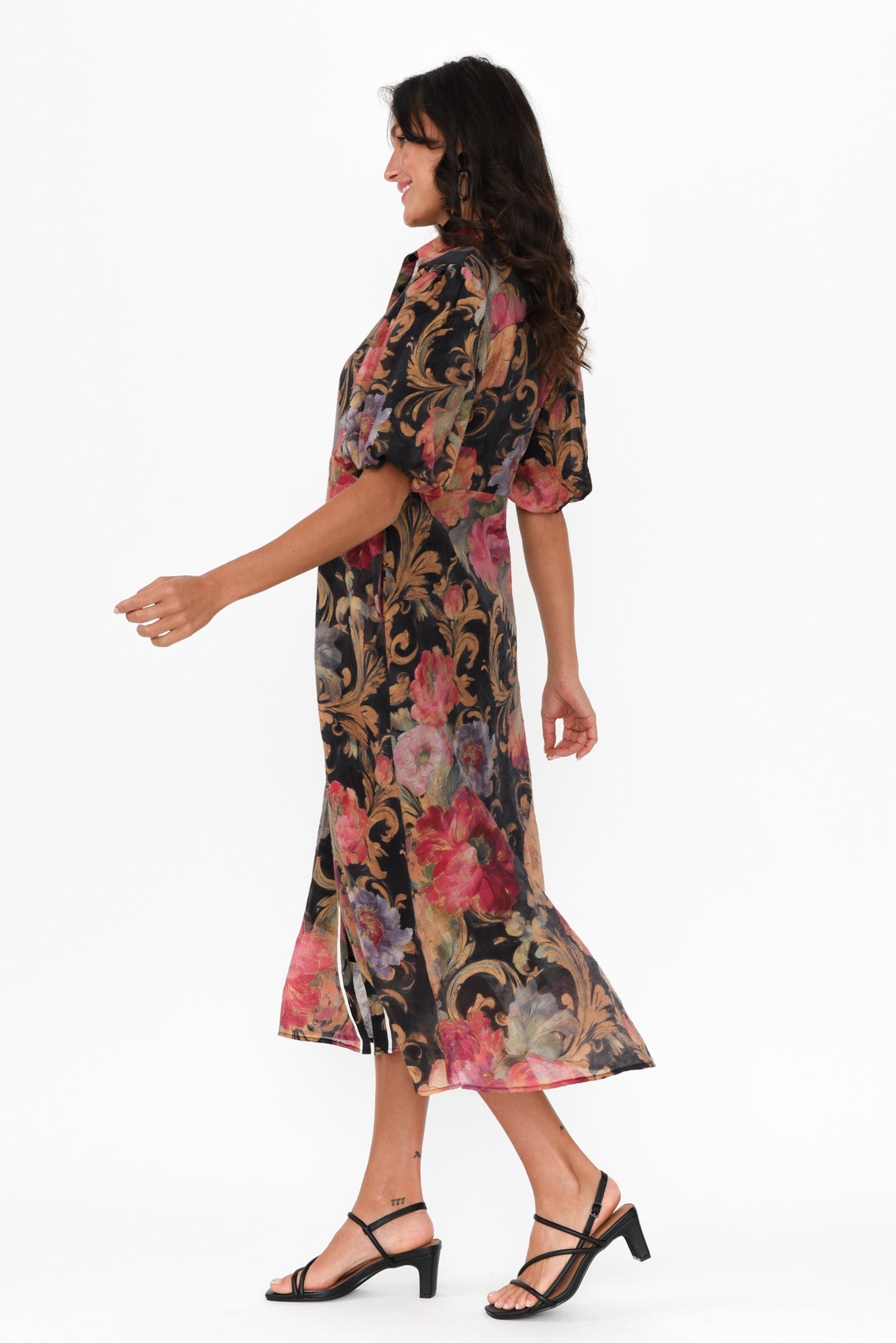 Hilma Black Floral Cotton Blend Tie Dress