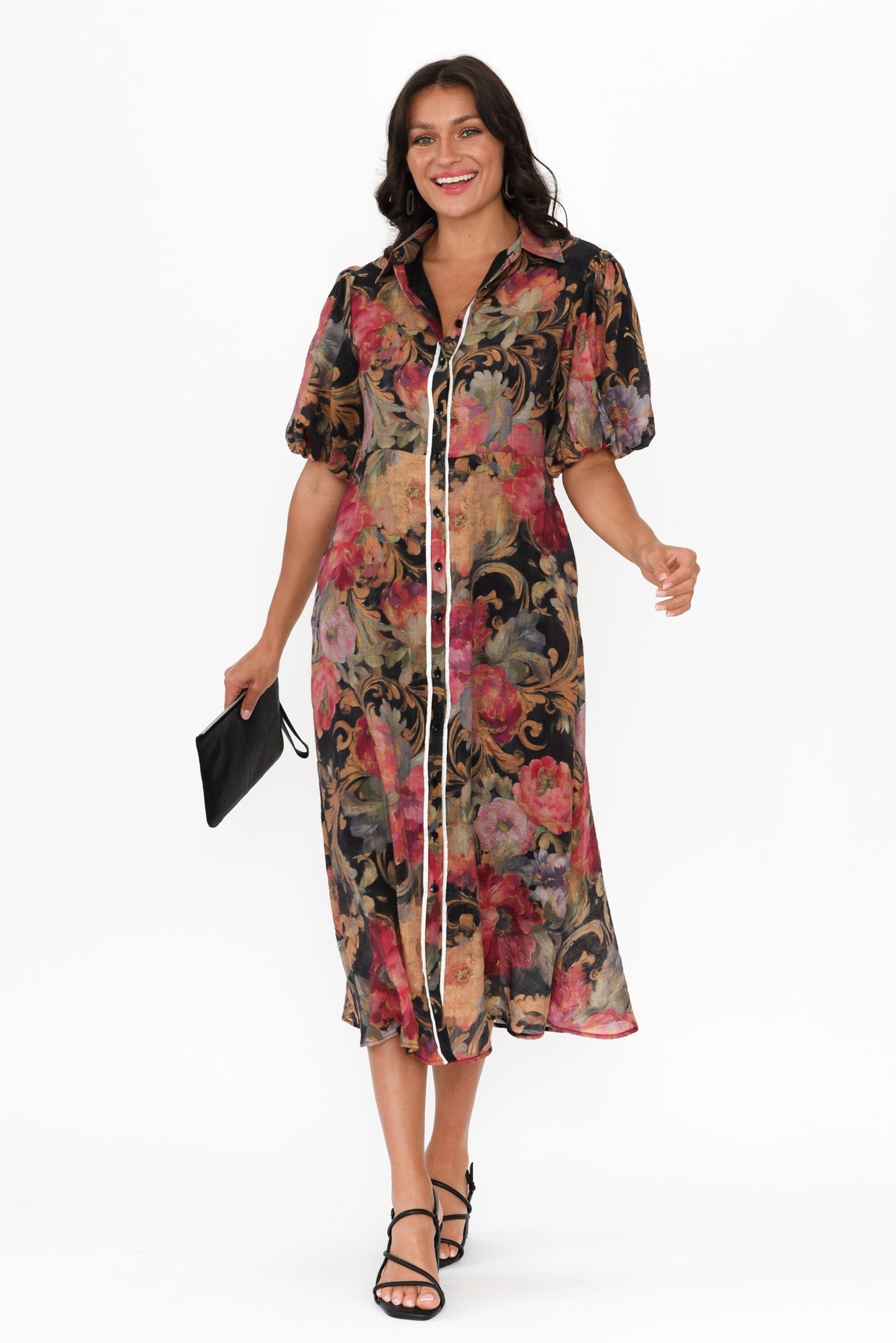 Hilma Black Floral Cotton Blend Tie Dress