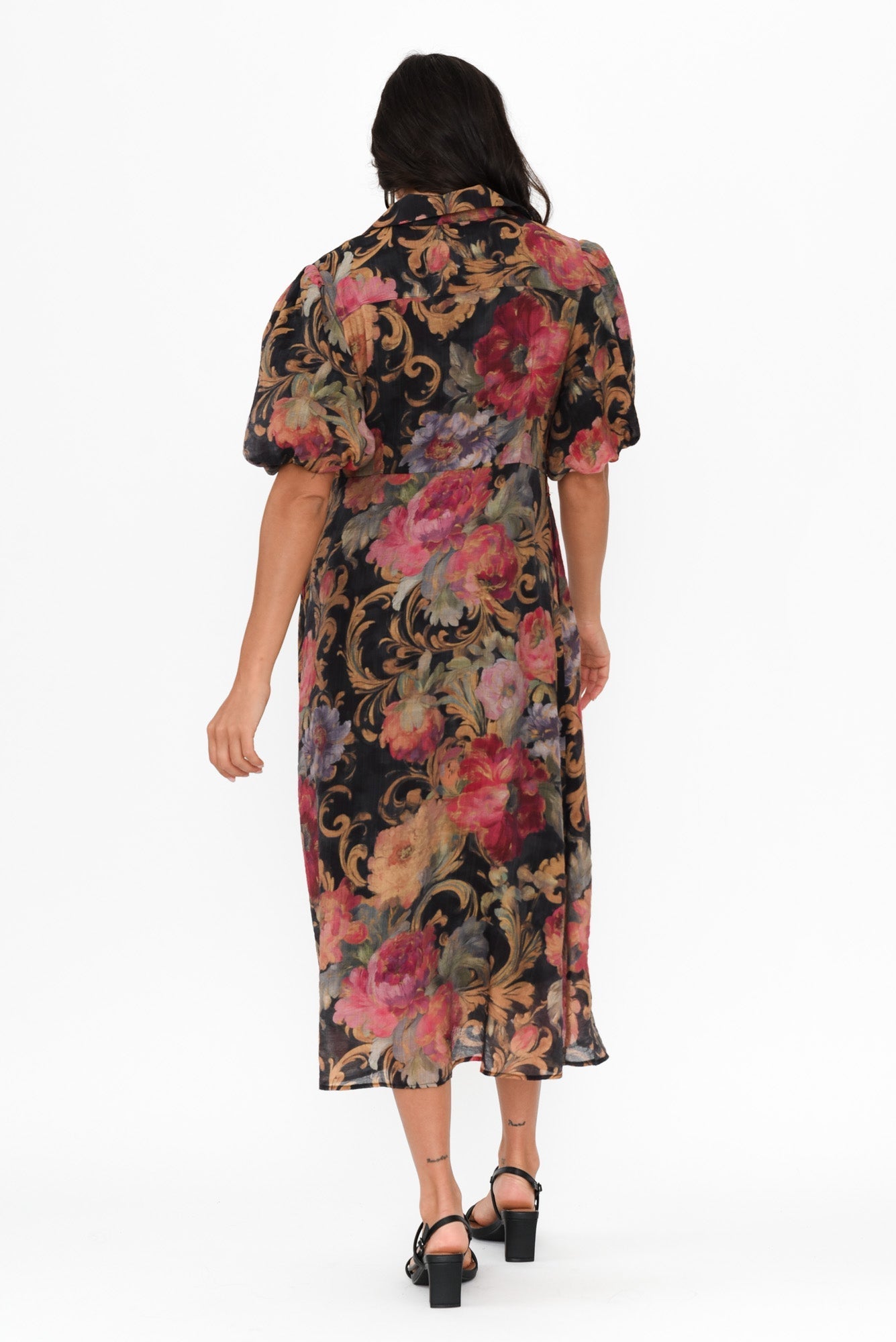 Hilma Black Floral Cotton Blend Tie Dress