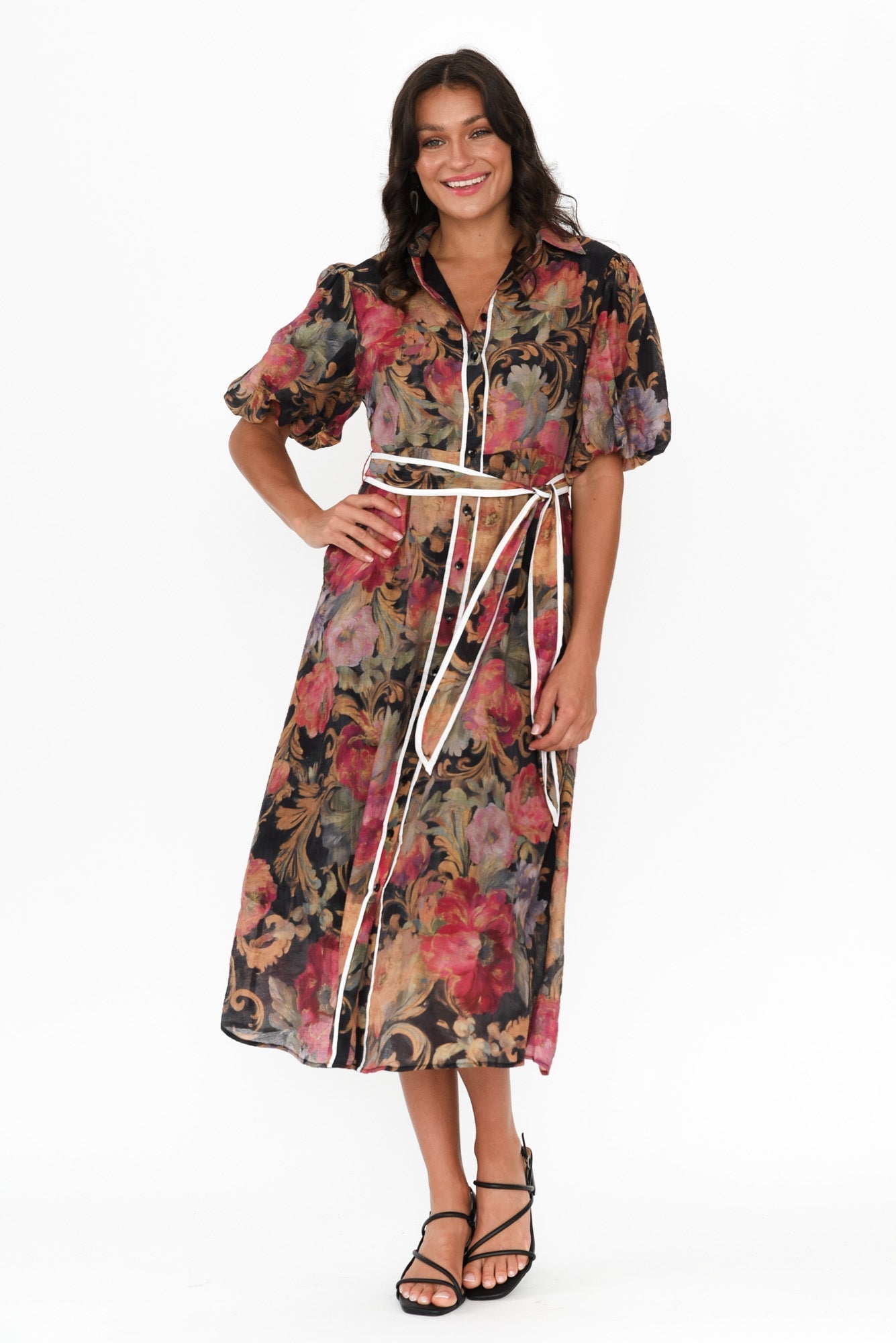 Hilma Black Floral Cotton Blend Tie Dress