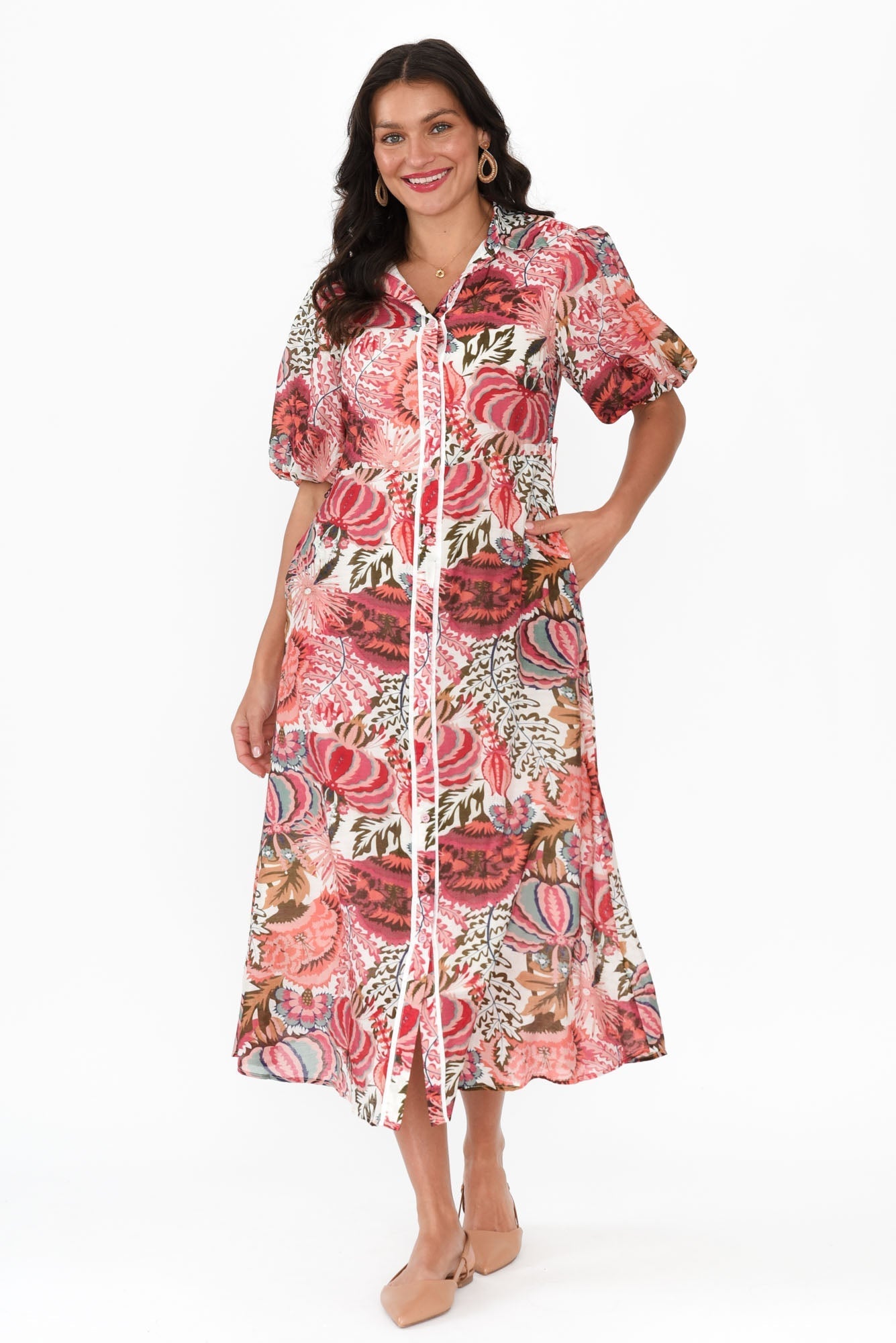 Hilma Pink Floral Cotton Blend Tie Dress