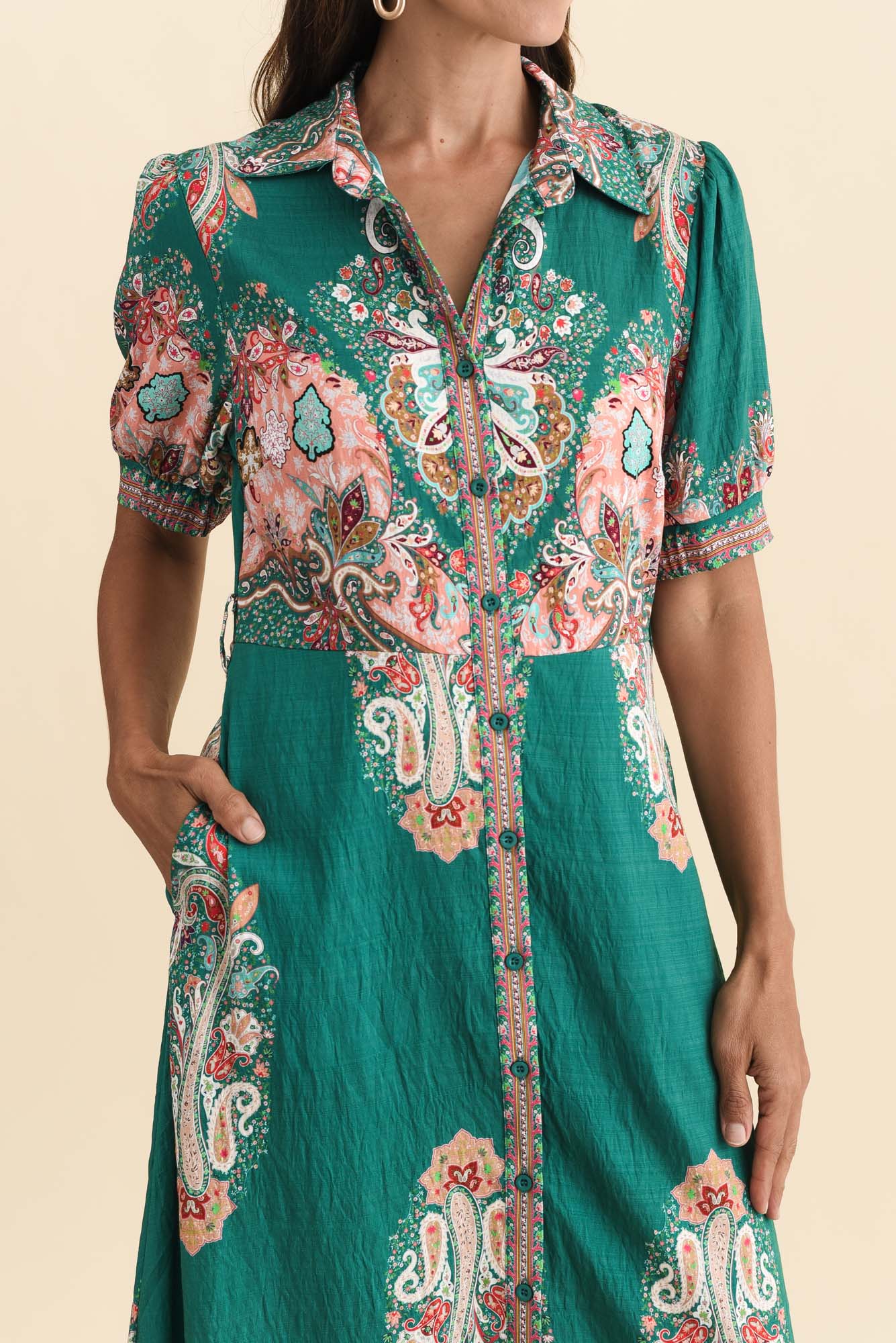 Ingrid Green Mosaic Linen Cotton Dress