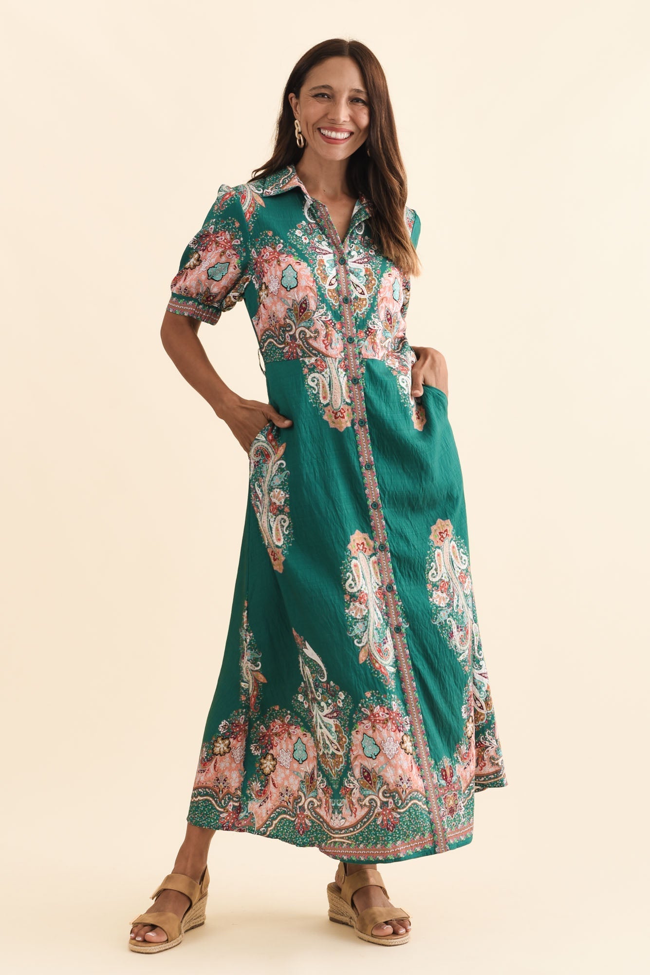 Ingrid Green Mosaic Linen Cotton Dress