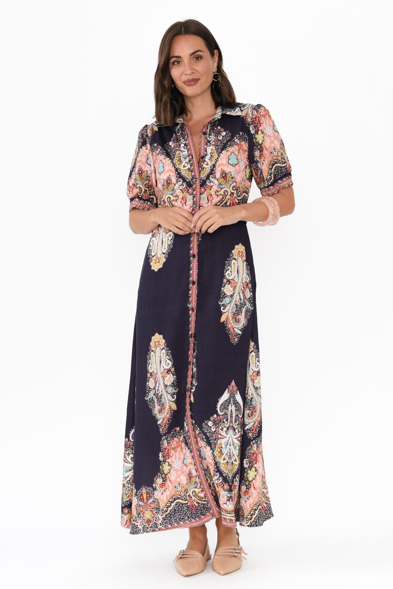 Ingrid Navy Mosaic Linen Cotton Dress