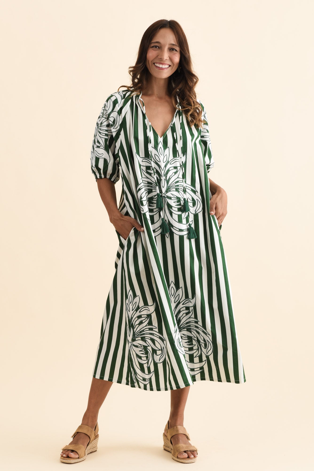 Ivanka Green Stripe Cotton Tie Dress