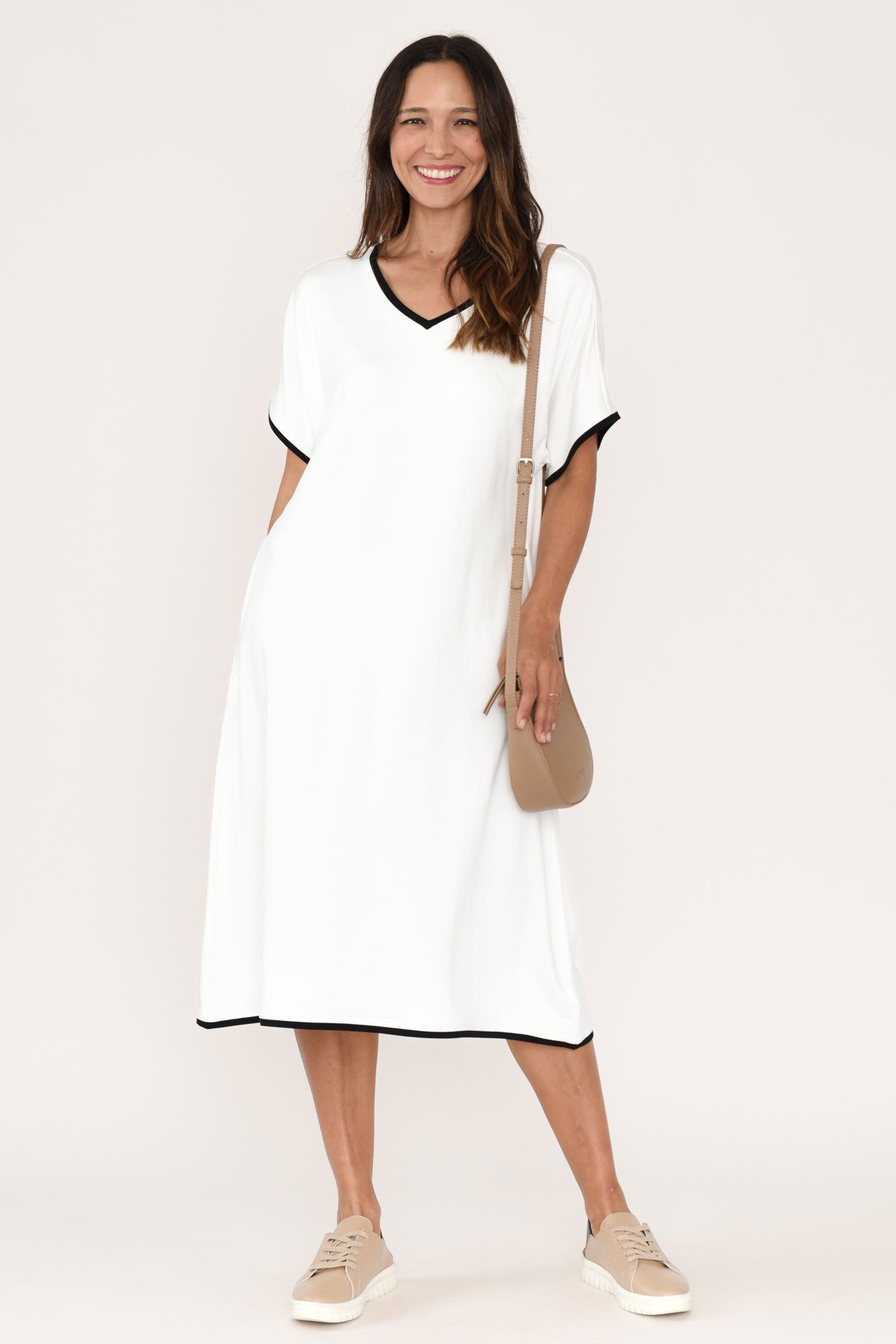 Jemima White Contrast V Neck Dress
