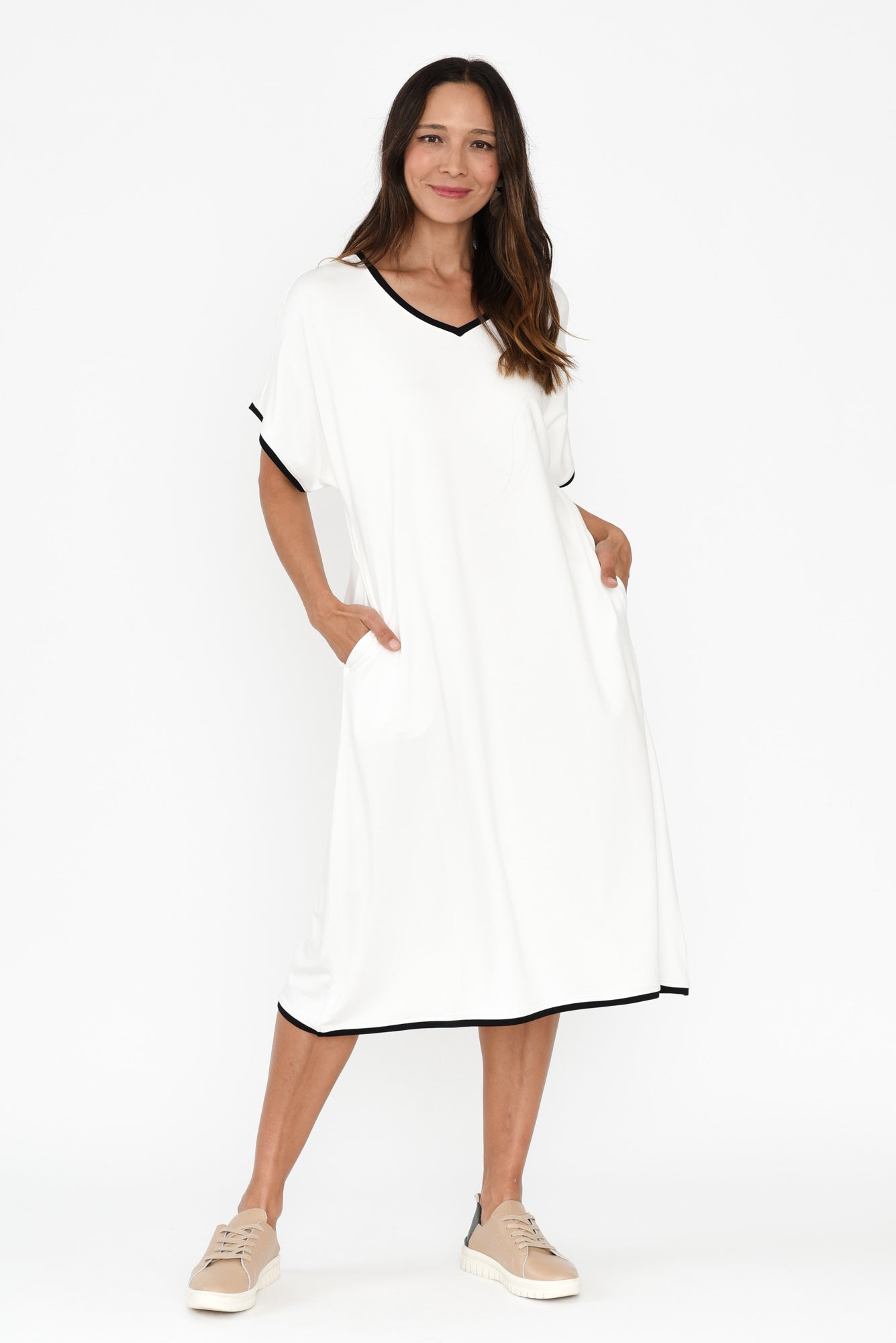 Jemima White Contrast V Neck Dress