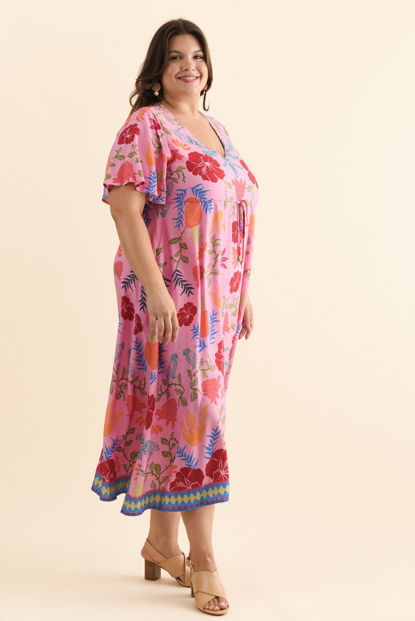 Jennifer Pink Tropical Flutter Sleeve Dress