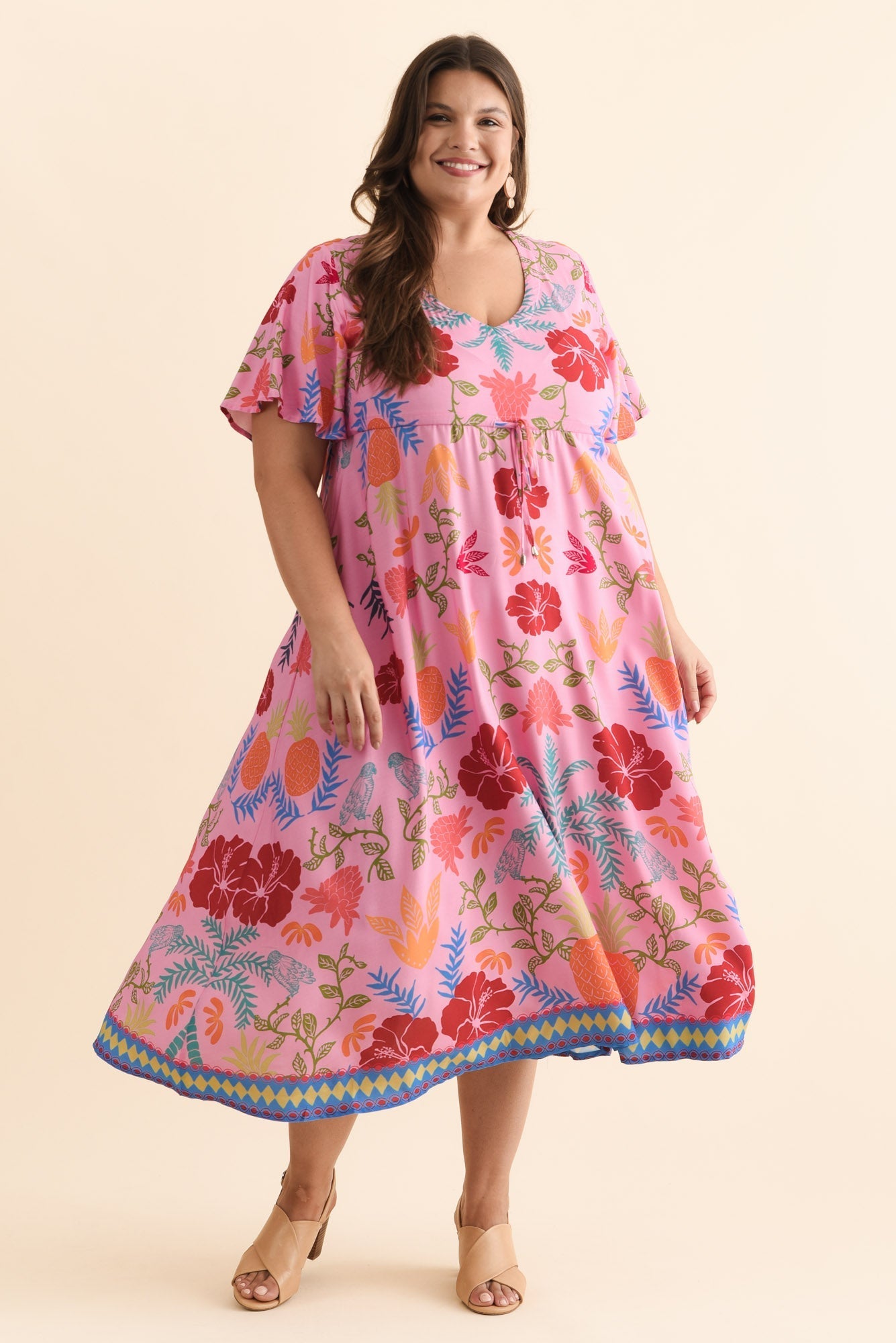 Jennifer Pink Tropical Flutter Sleeve Dress