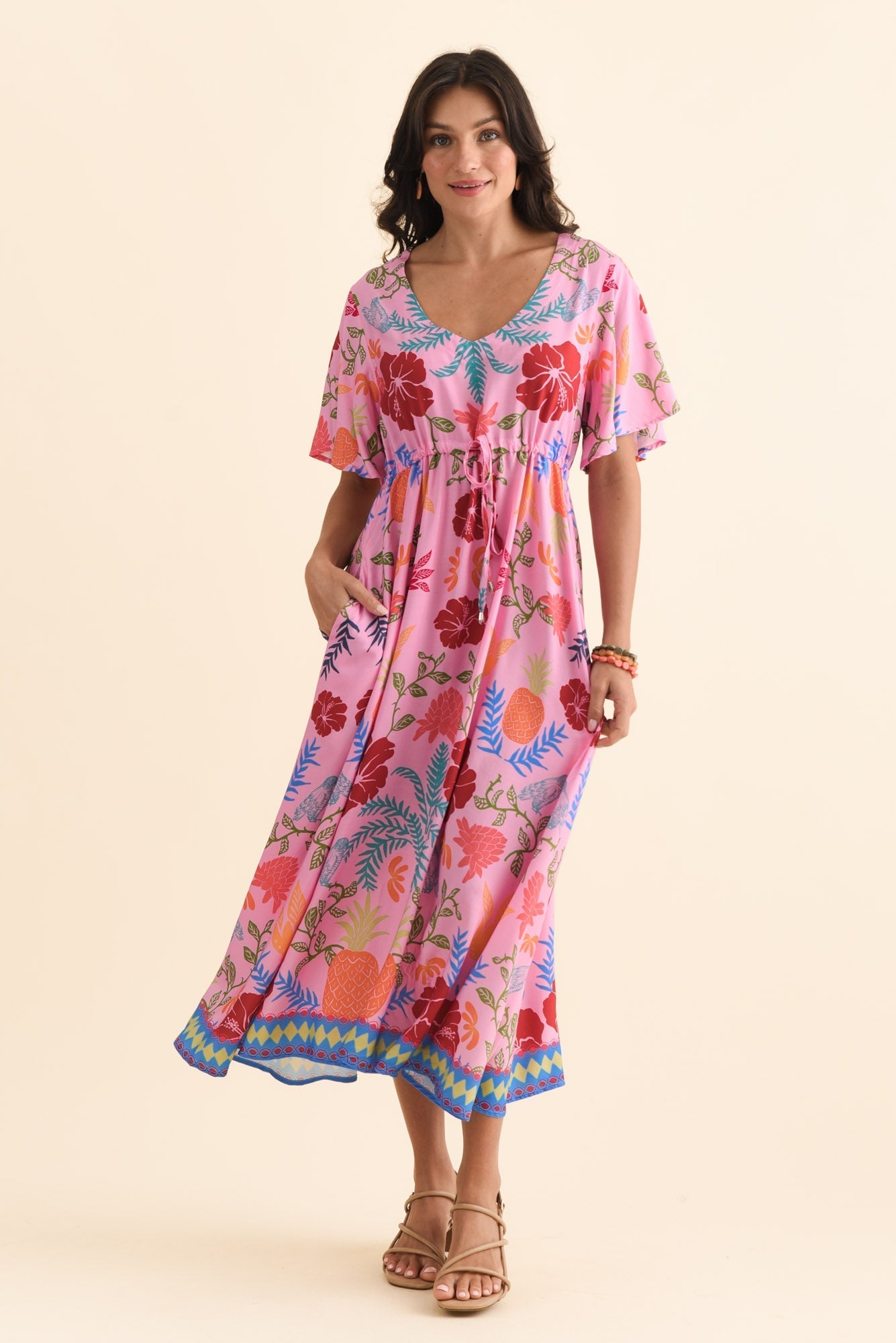 Jennifer Pink Tropical Flutter Sleeve Dress
