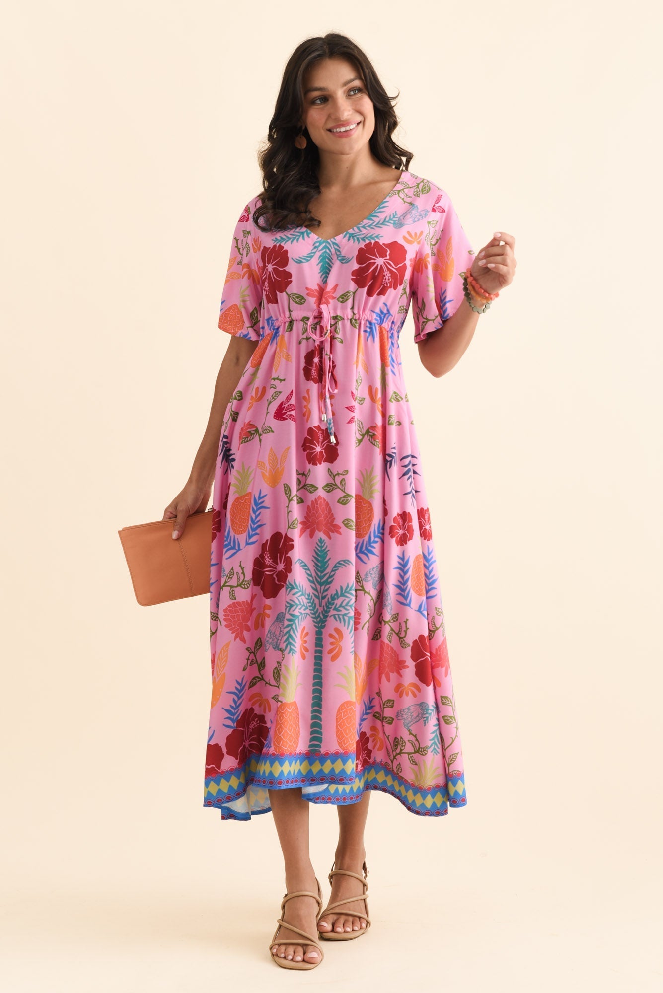 Jennifer Pink Tropical Flutter Sleeve Dress
