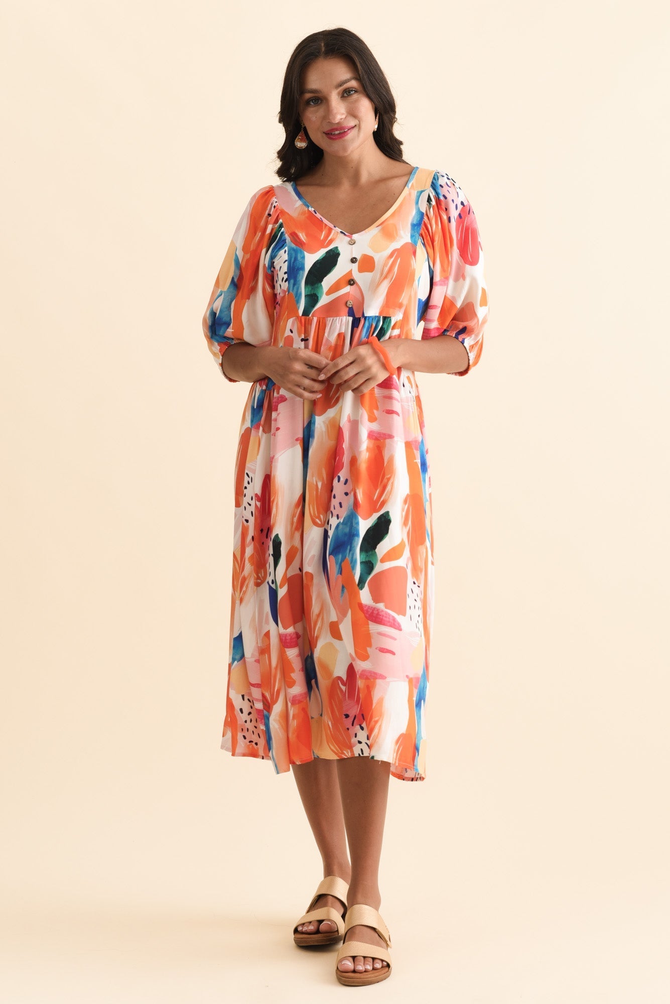 Kacey Orange Abstract Button Dress