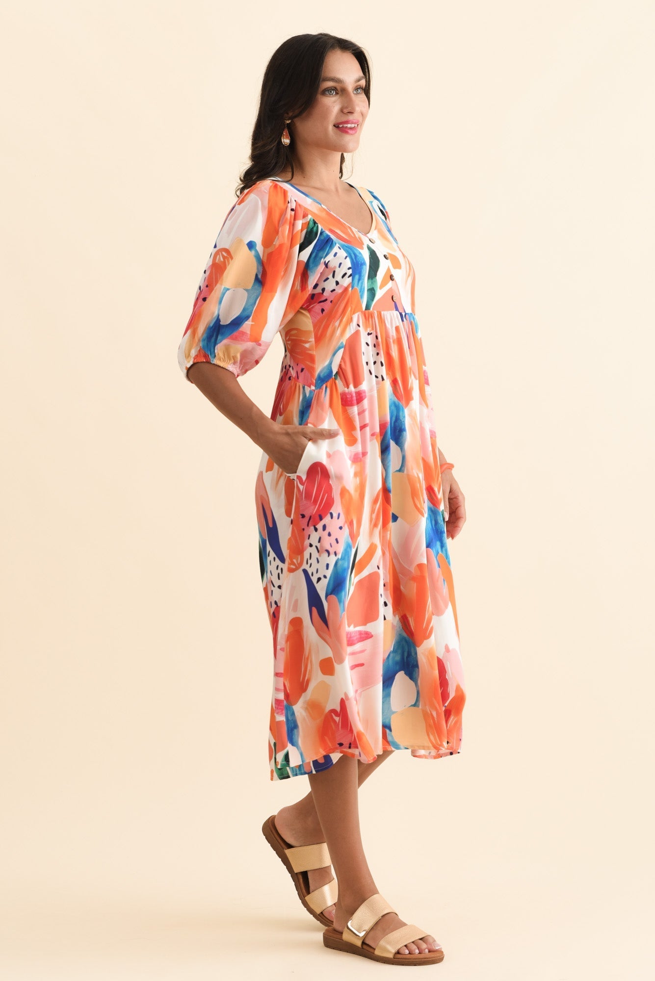 Kacey Orange Abstract Button Dress