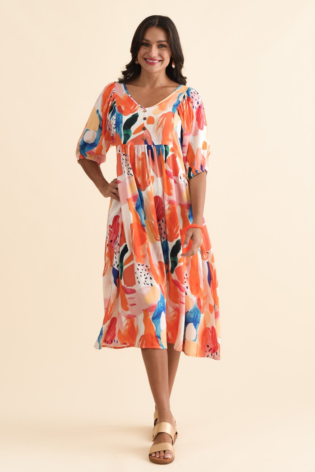 Kacey Orange Abstract Button Dress