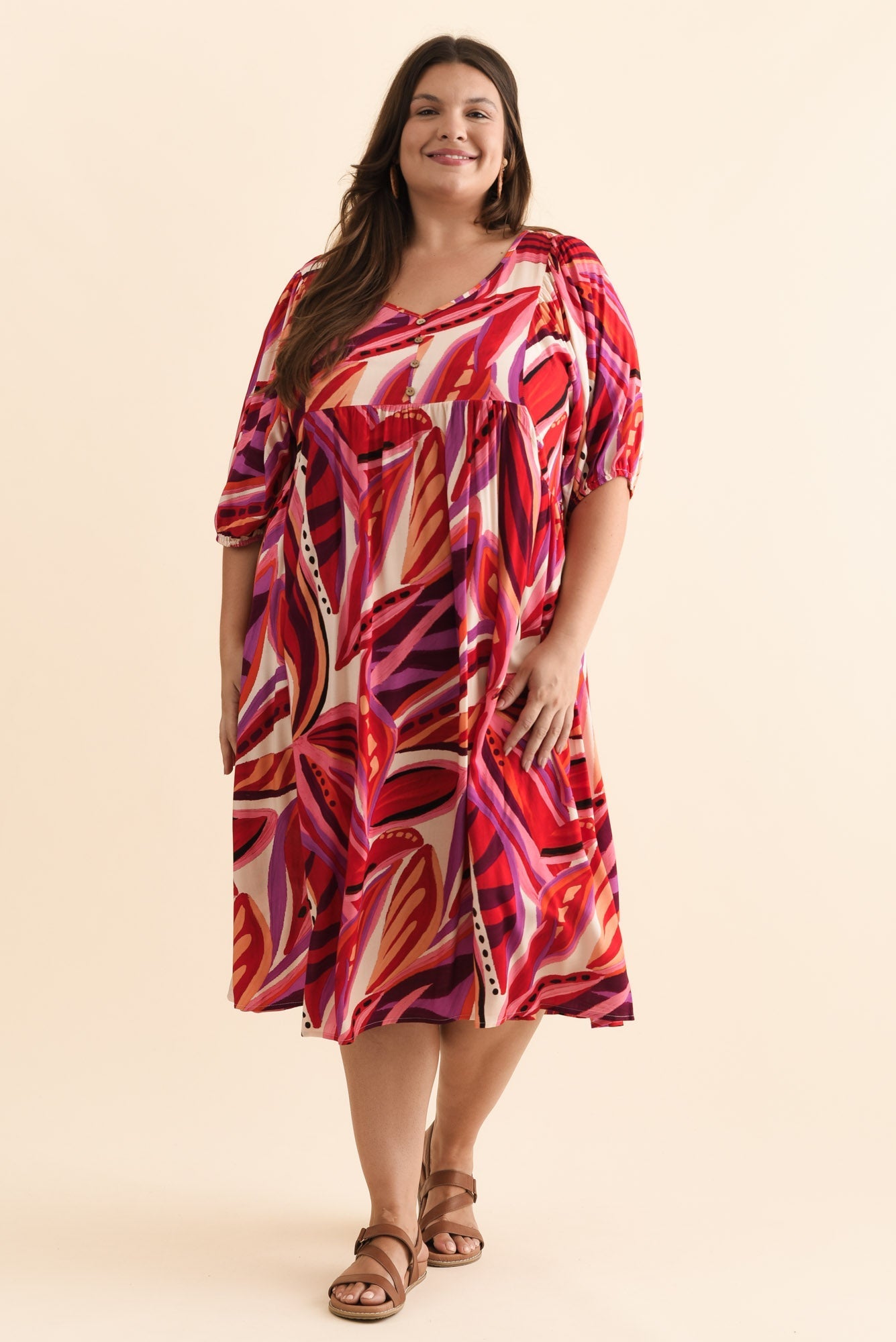 Kacey Pink Leaf Button Dress