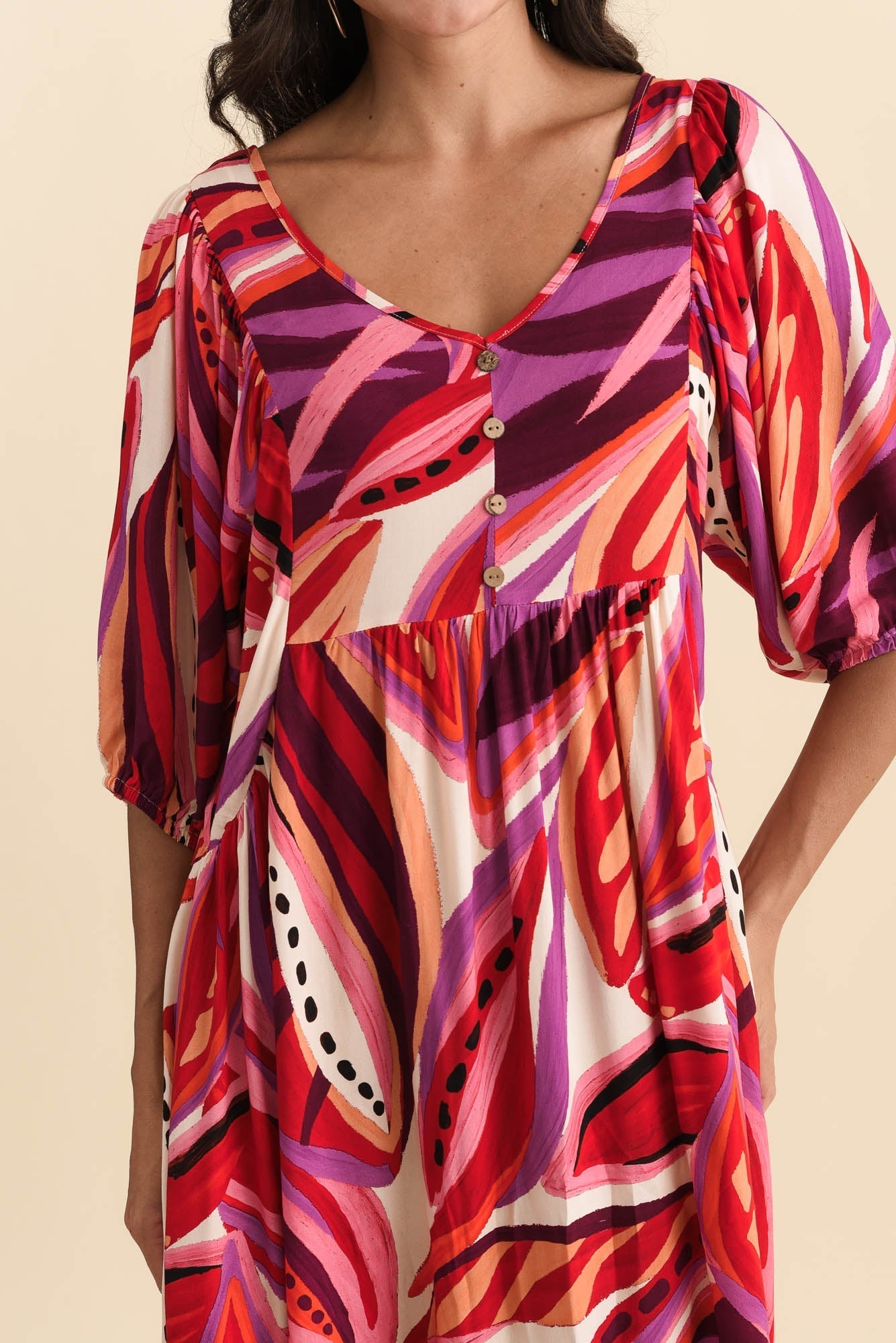 Kacey Pink Leaf Button Dress