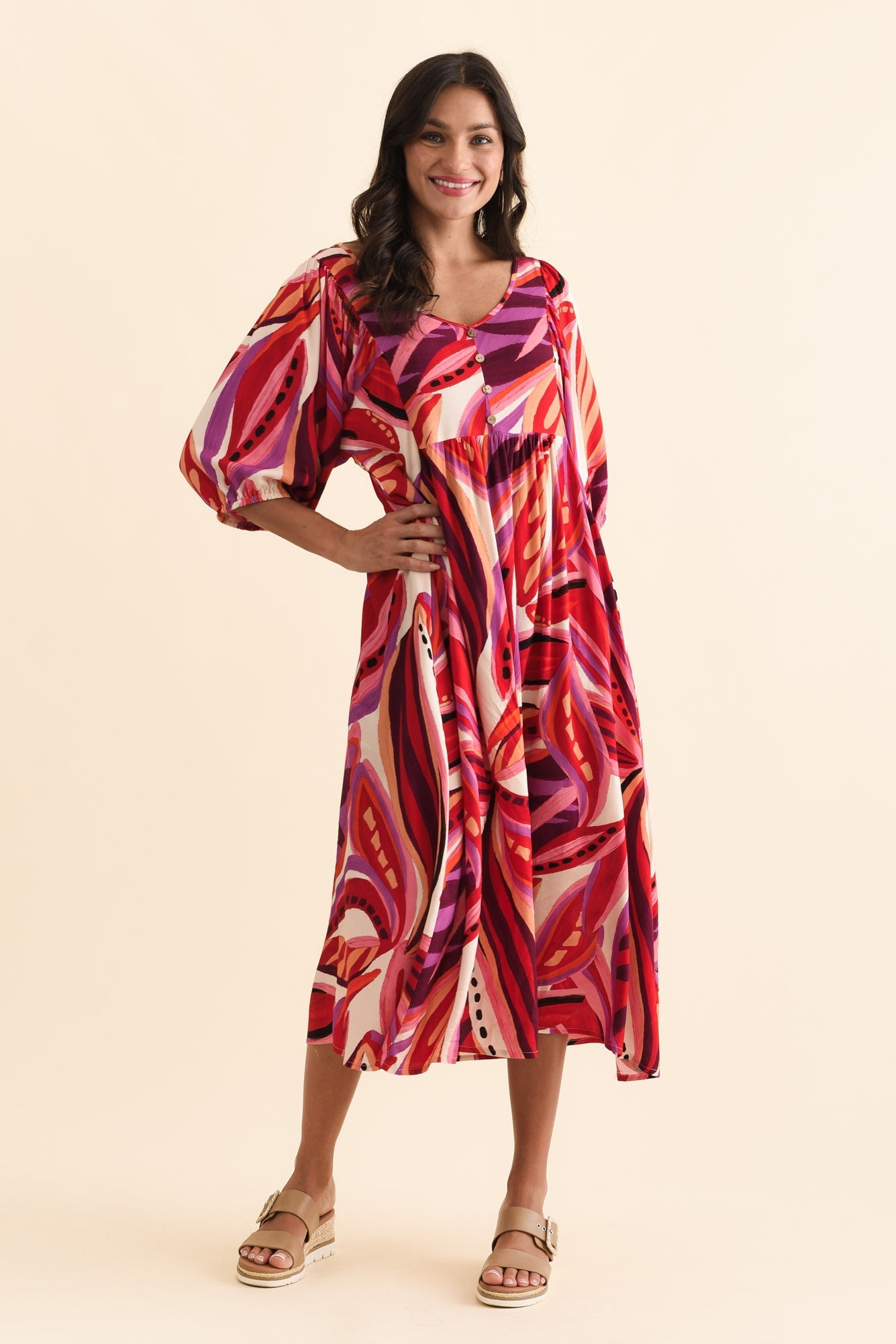 Kacey Pink Leaf Button Dress