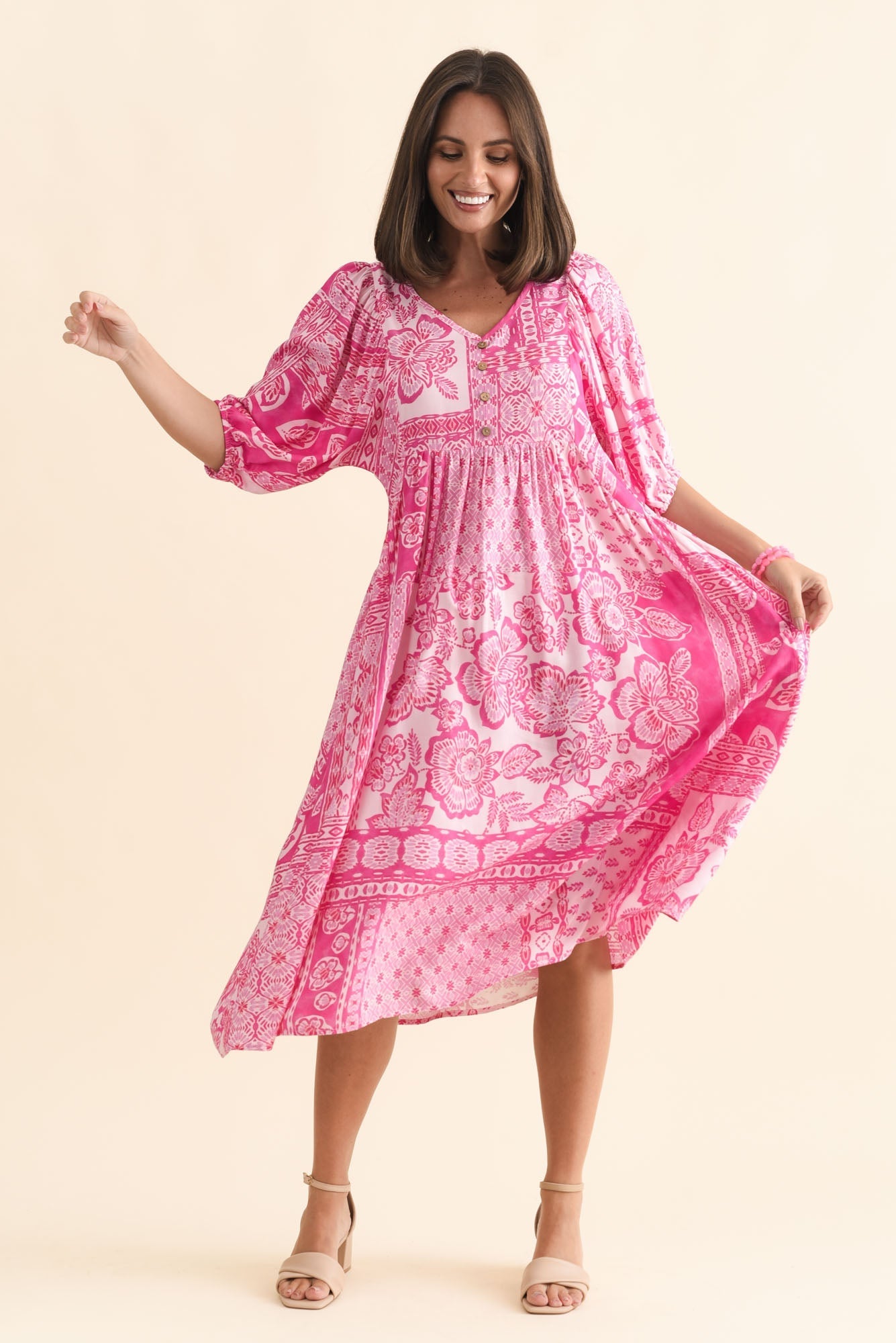 Kacey Pink Tile Button Dress