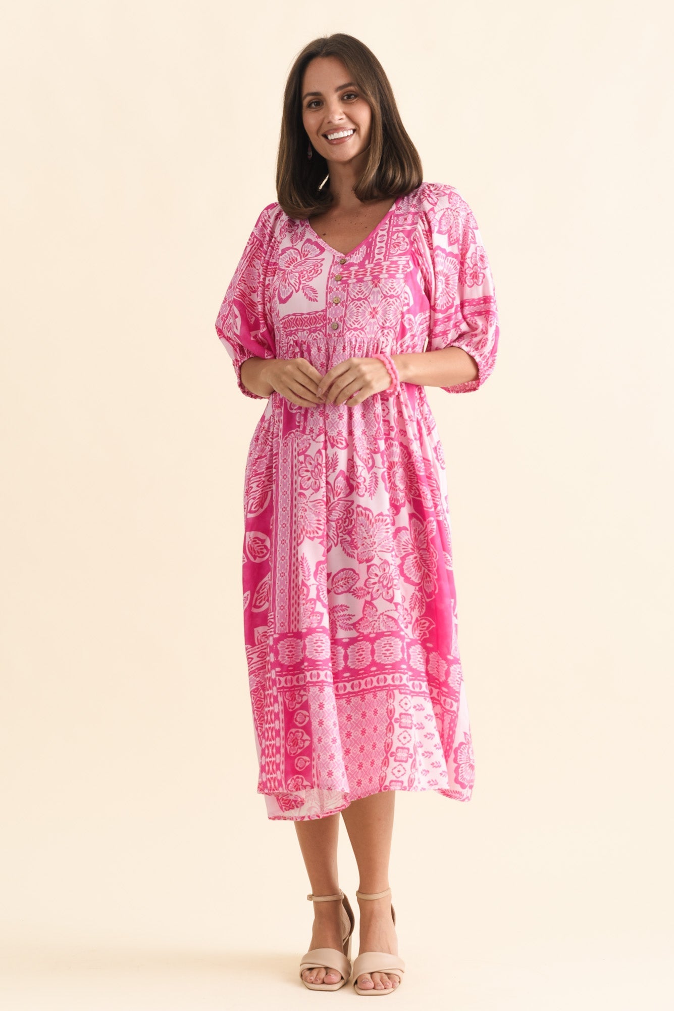 Kacey Pink Tile Button Dress