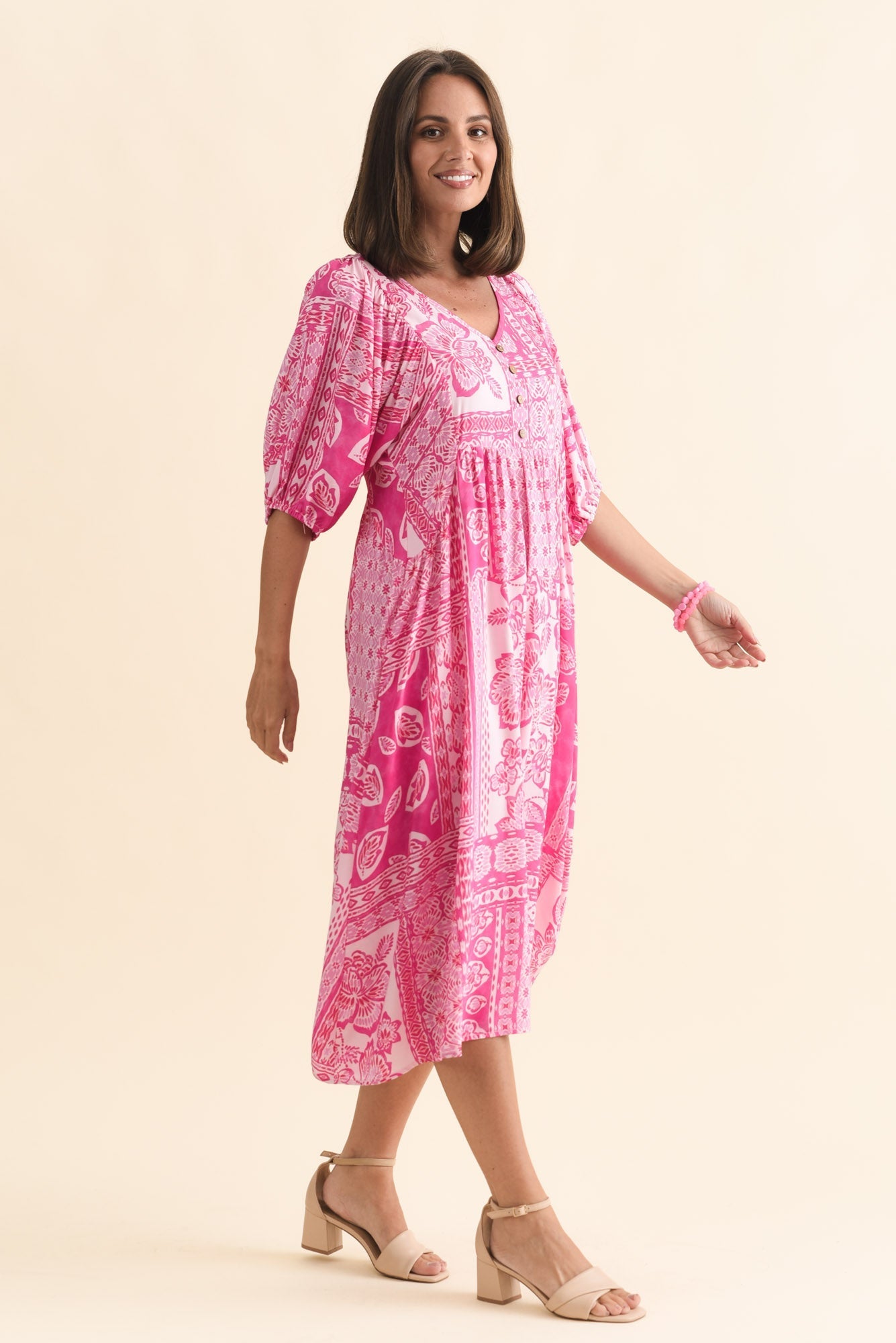 Kacey Pink Tile Button Dress