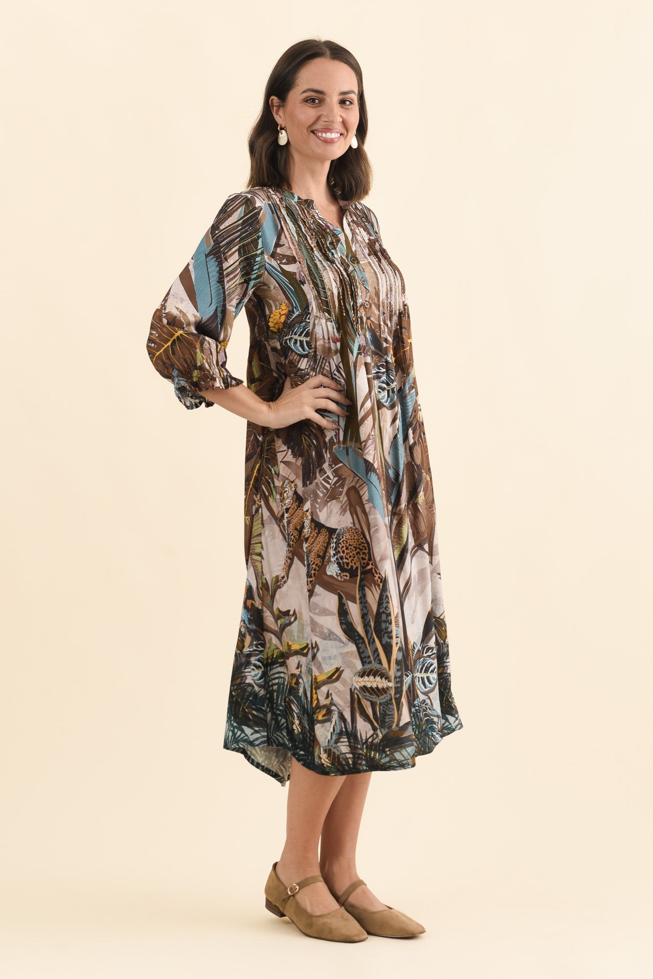 Kalmia Brown Jungle Pleated Tie Dress