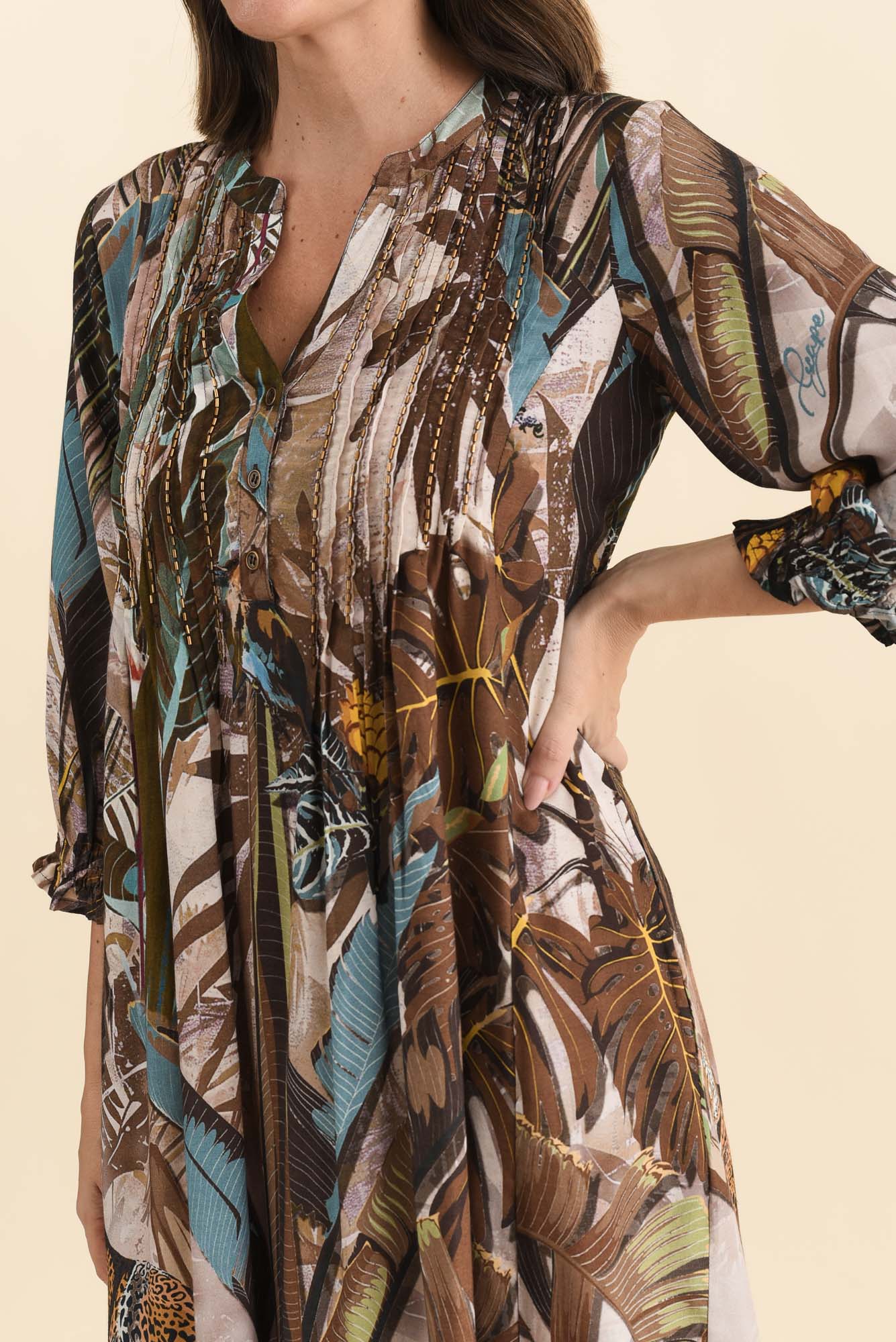 Kalmia Brown Jungle Pleated Tie Dress