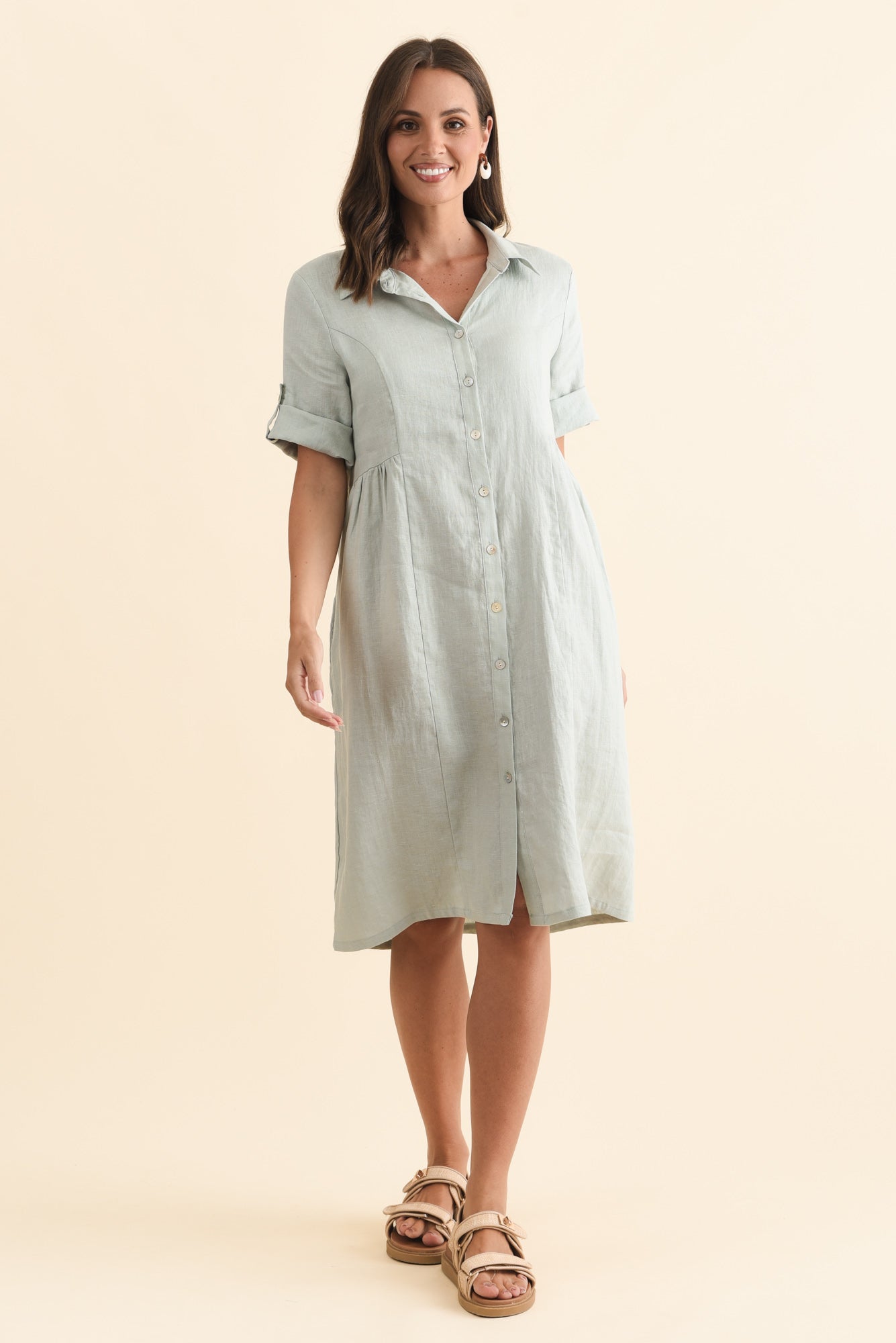 Katy Mint Linen Pocket Dress Full Length View