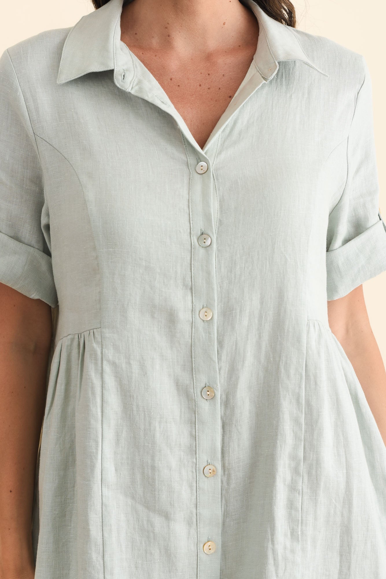 Katy Mint Linen Pocket Dress Detail View