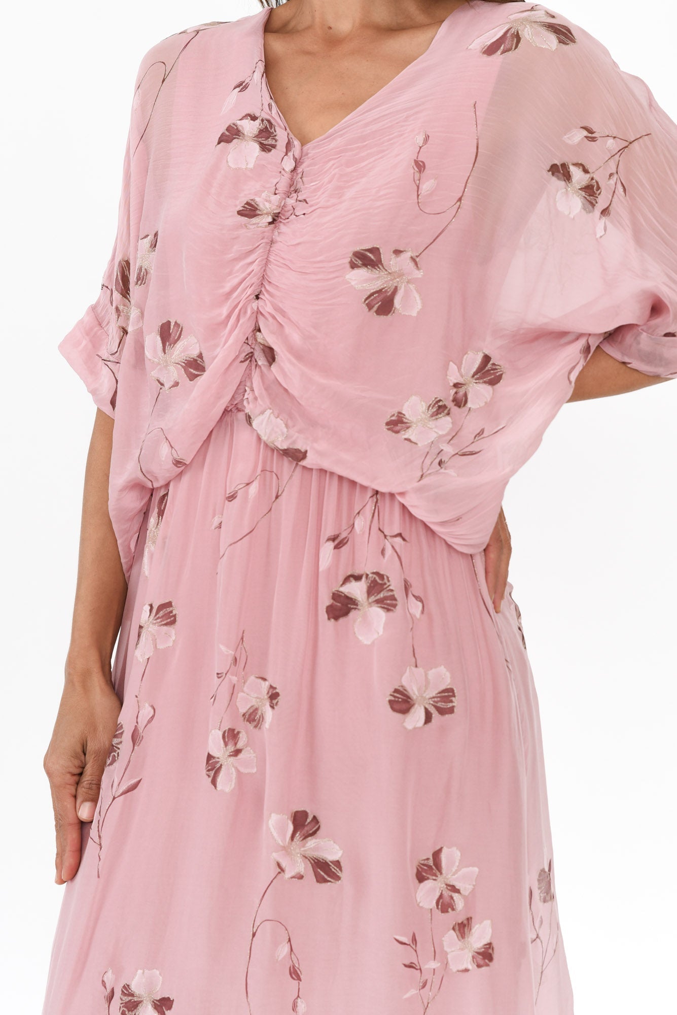 Kerry Pink Floral Silk Gathered Dress